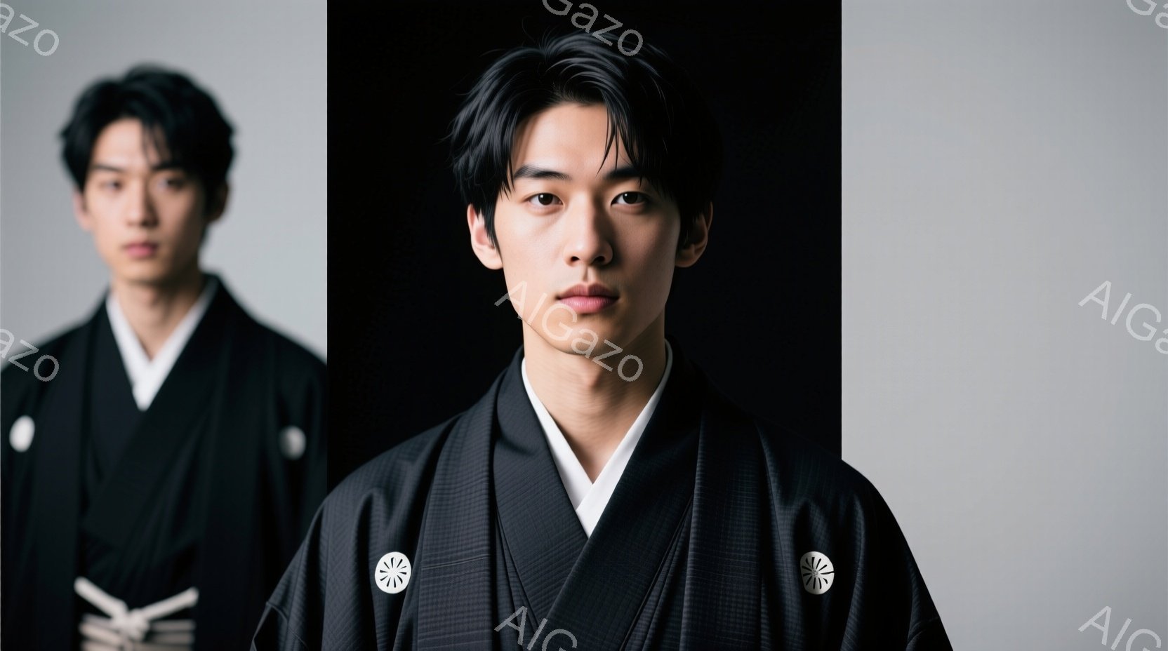 黒い着物を着た二人の男性が写っています。彼らは白いアンダーシャツを着ており、着物には白いボタンが付いています。背景はグレーで、両男性は正面をまっすぐ見て、やや緊張した表情をしています。