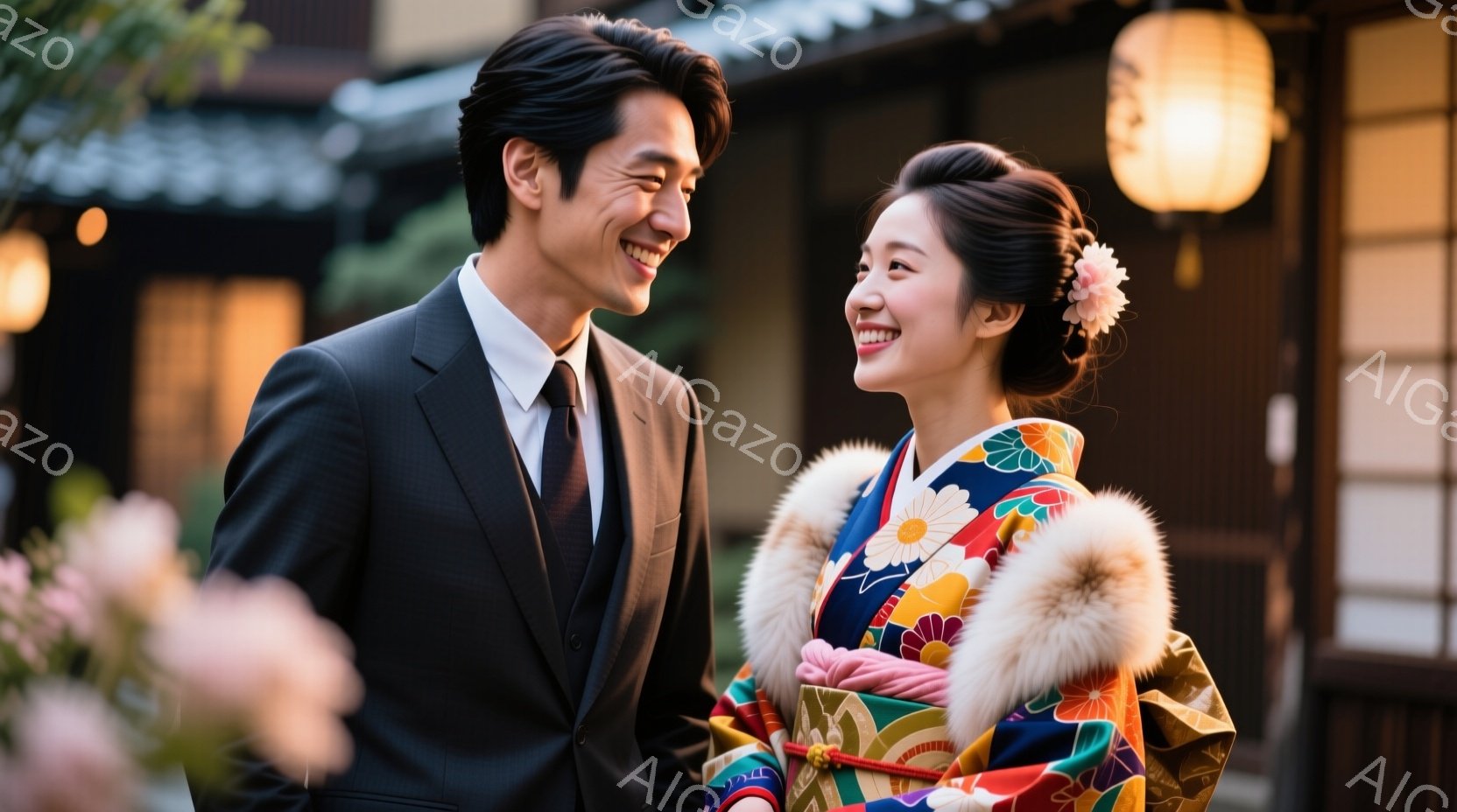 新郎は黒いスーツにネクタイを締め、満面の笑みを浮かべている。新婦は鮮やかな花柄の着物を身につけ、肩には白いファーのショールをかけ、優雅に微笑んでいる。背景には伝統的な日本の建物と、ぼやけた桜の花が見え - AI生成フリー素材