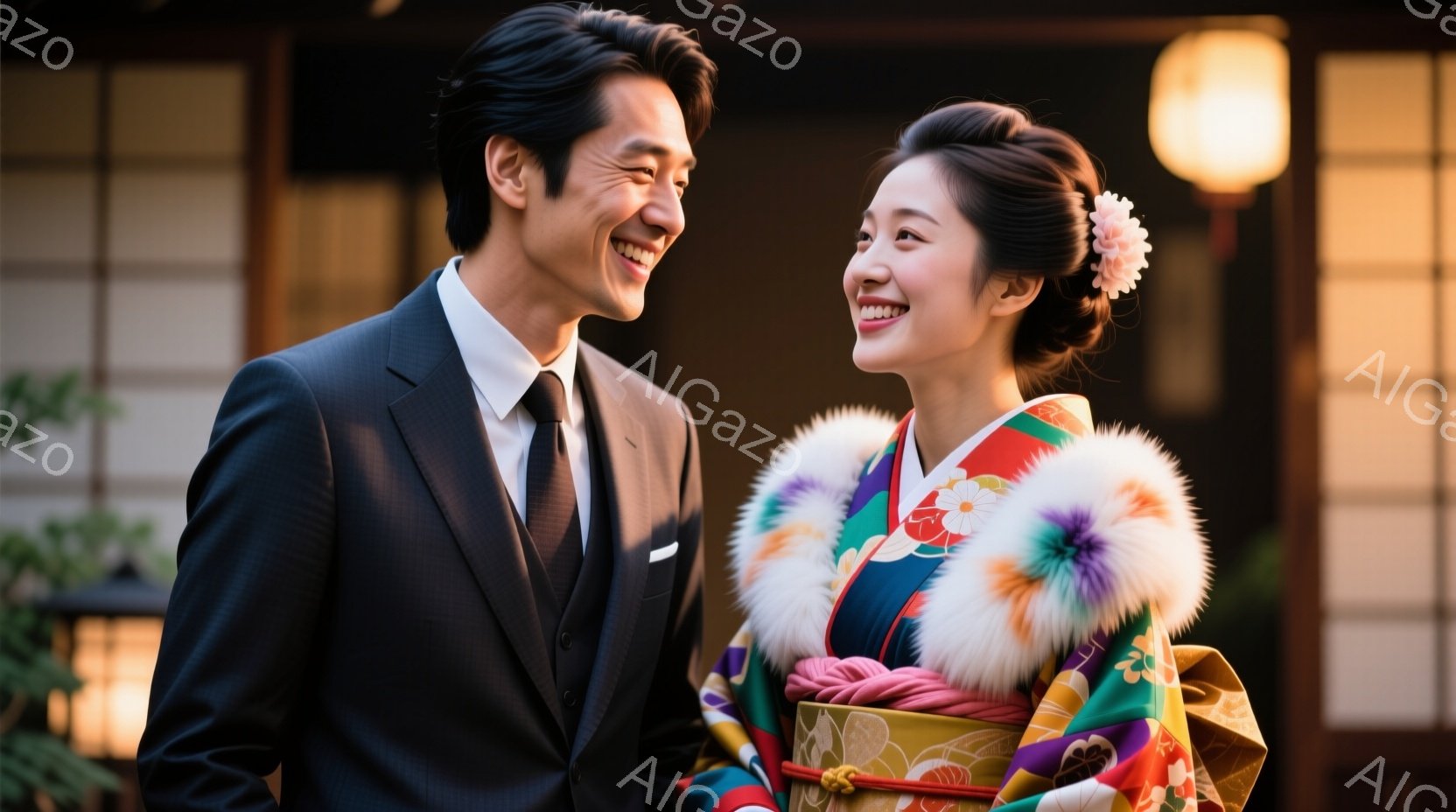 新郎新婦と思われる男女が微笑み合い、互いに見つめ合っています。女性は鮮やかな色の着物と白のファーのショール、髪に花飾りをつけており、男性は黒のスーツに白いハンカチを挿しています。背景には伝統的な日本の - AI生成フリー素材