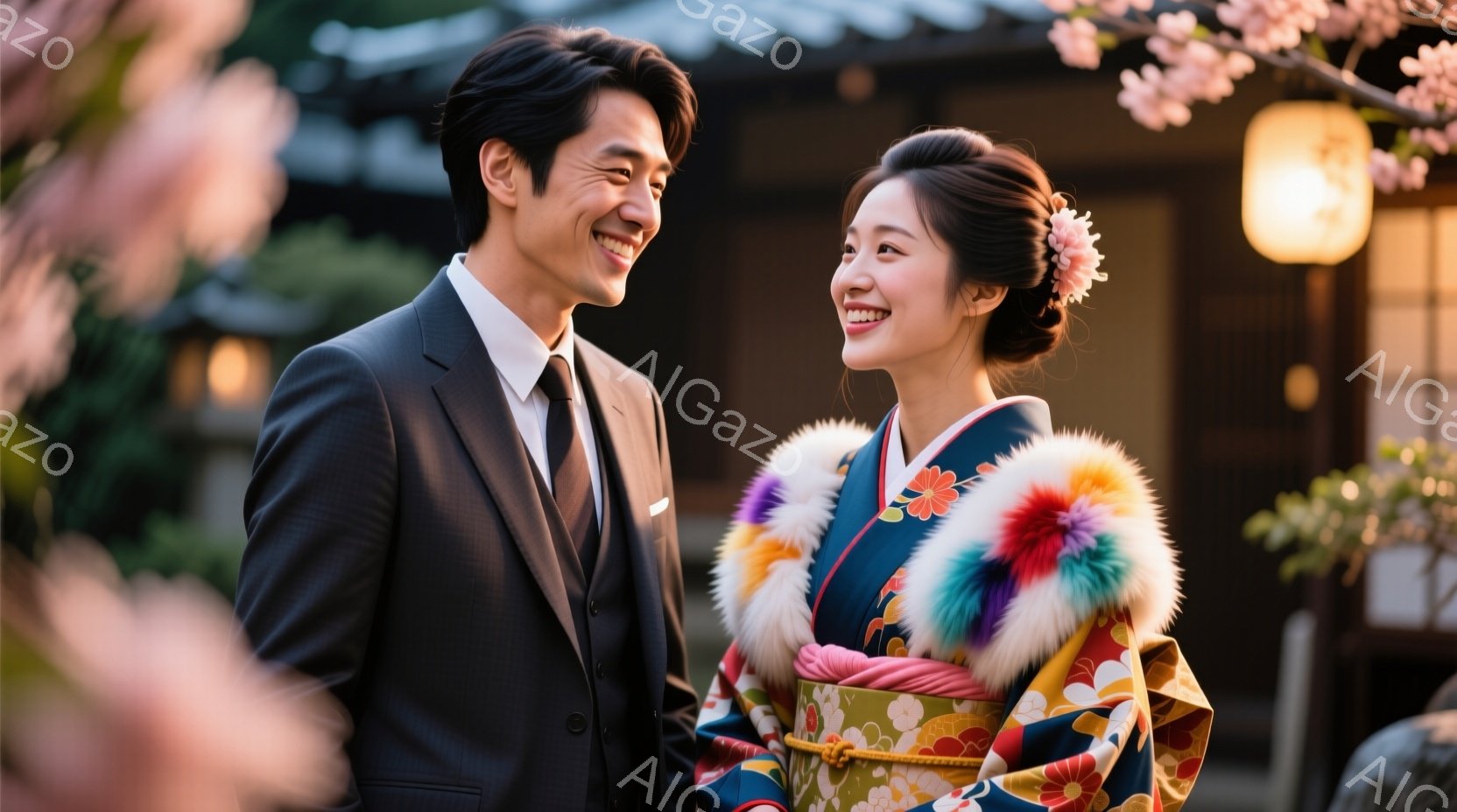 新郎はダークグレーのスーツにネクタイを組み合わせており、笑顔で女性を見つめている。女性は鮮やかな緑と金色の着物と、毛皮のような襟のボレロを着用し、満面の笑みを浮かべている。背景には、ぼやけた日本庭園と、桜の花びらが舞う様子がうかがえ、穏やかで華やかな雰囲気が漂っている。