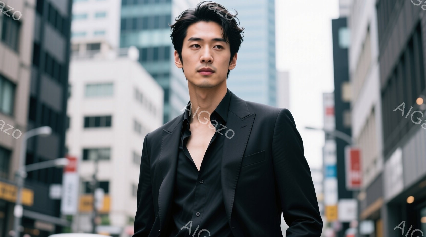 黒いスーツとシャツを着た男性が写っている。彼は少し微笑んでおり、自信に満ちた表情をしている。背景には高層ビルが立ち並び、都会の街並みが広がっている。