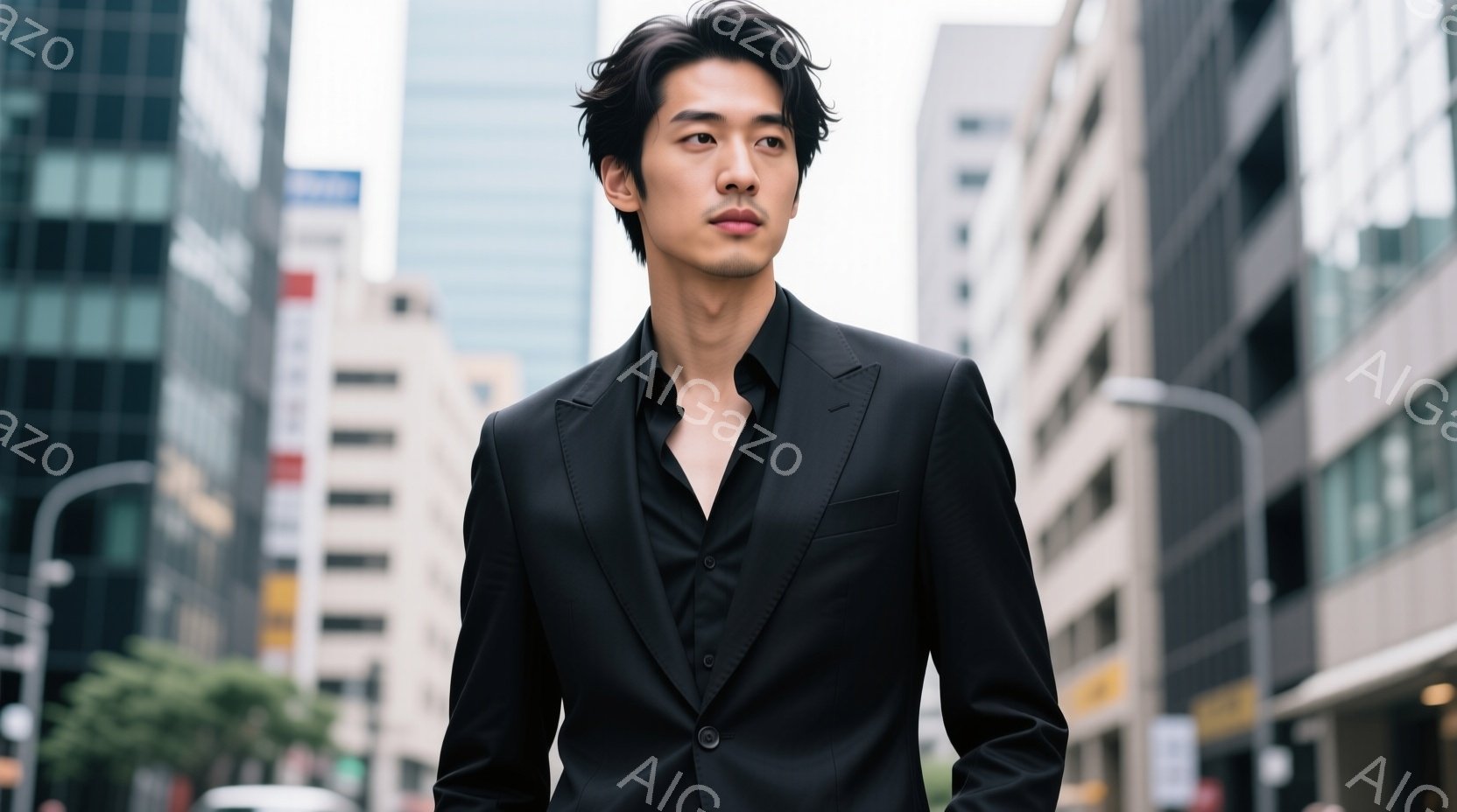 黒いスーツに黒いシャツを着た男性が、少し斜めに顔を傾けてこちらを見ている。彼の髪型は無造作にセットされ、表情は自信に満ちており、背景には高層ビルが立ち並ぶ都会の街並みが広がっている。全体的に洗練された雰囲気で、まるで映画のワンシーンのようだ。