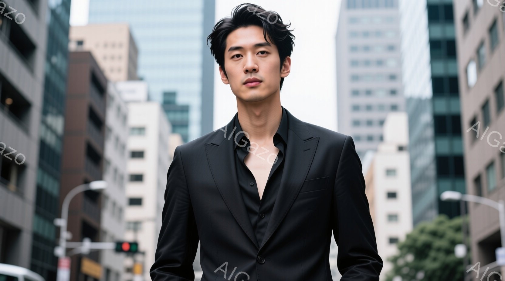 黒いスーツとシャツを着た男性が正面を見据えています。彼の髪は無造作にセットされており、表情は落ち着いて自信に満ちています。背景には高層ビル群が立ち並び、街中の様子がうかがえます。