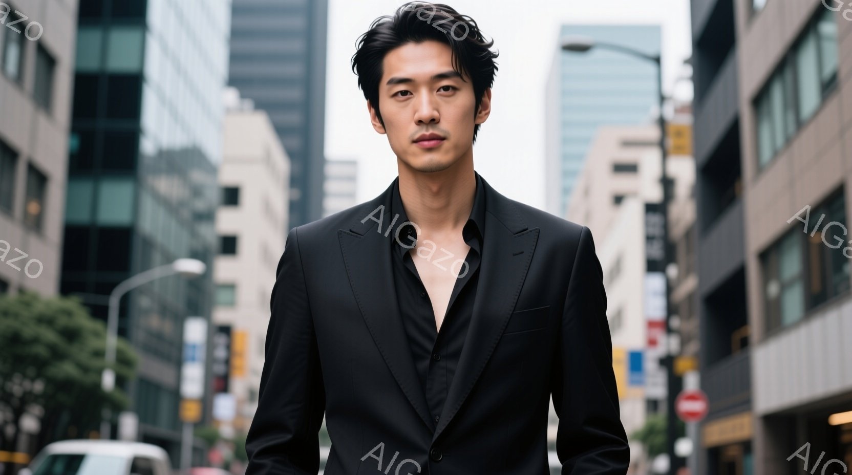 黒いスーツを着た男性が正面を見据えています。彼は髪を軽く無造作にまとめ、鋭い眼差しでカメラを見ています。背景には高層ビルが立ち並び、晴天の下、都会の街並みが広がっています。