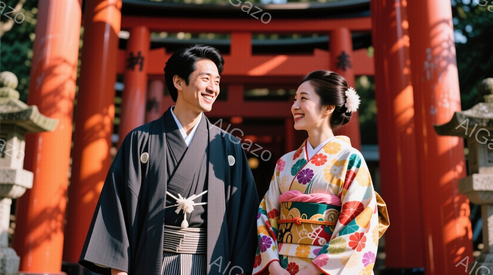 新郎新婦と思われる男女が、鮮やかな朱色の鳥居の前で微笑み合っています。男性は黒の紋付羽織袴を着用し、女性は花柄の美しい着物と、白く控えめな髪飾りを付けています。背景には石灯籠が並び、晴れた日の穏やかな空が広がっており、祝福の雰囲気が漂っています。