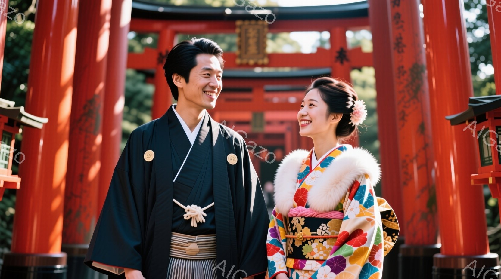 一対の男女が赤い鳥居の前で微笑んでいます。男性は黒い着物と縞模様の袴を着用し、女性は鮮やかな色の着物と白のファーのようなショールを身に着け、髪には花飾りをつけています。背景には緑豊かな木々が見え、晴れ - AI生成フリー素材