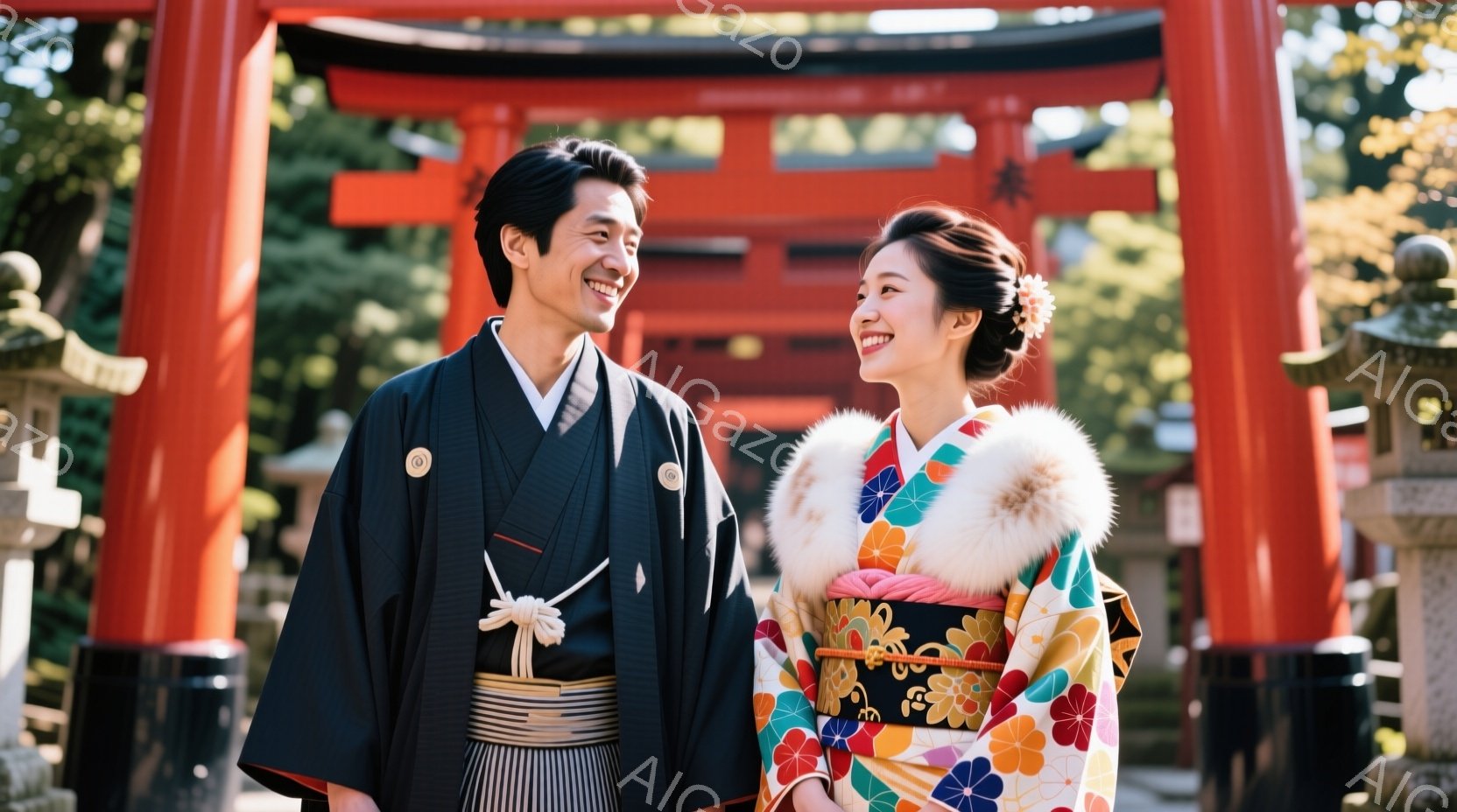 新郎新婦と思われる男女が、鮮やかな朱色の鳥居の前で寄り添って微笑んでいます。男性は黒色の紋付羽織袴を身につけ、女性は色とりどりの花柄の着物に白っぽいショールを羽織り、髪には華やかな髪飾りをつけています - AI生成フリー素材