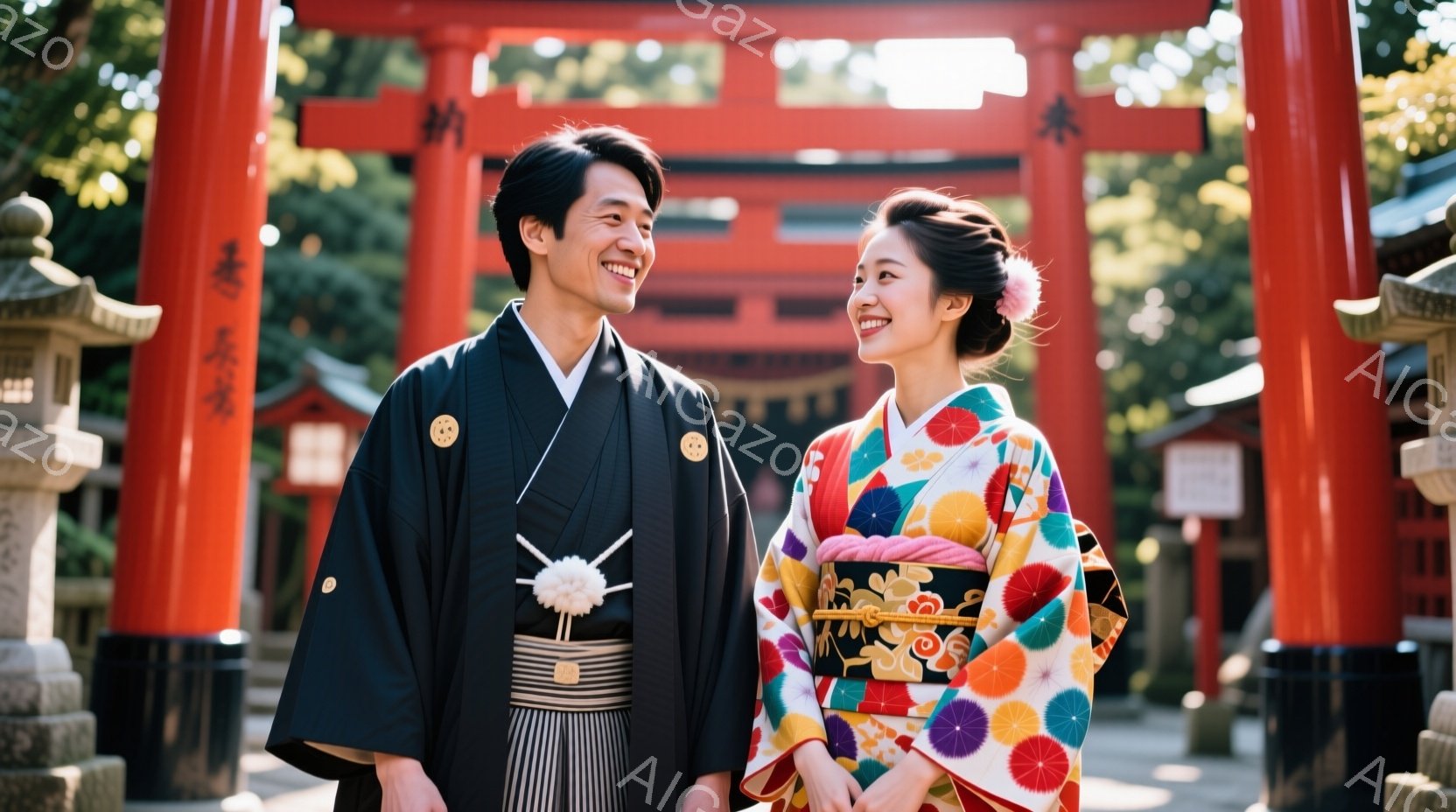 鮮やかな朱色の鳥居を背景に、和装した男女が笑顔で寄り添い合っています。男性は黒の羽織袴、女性は色鮮やかな花柄の着物を着ており、髪型も日本髪風に整えられています。背景には石灯籠や緑豊かな木々が見え、晴天の下、明るく華やかな雰囲気が漂っています。