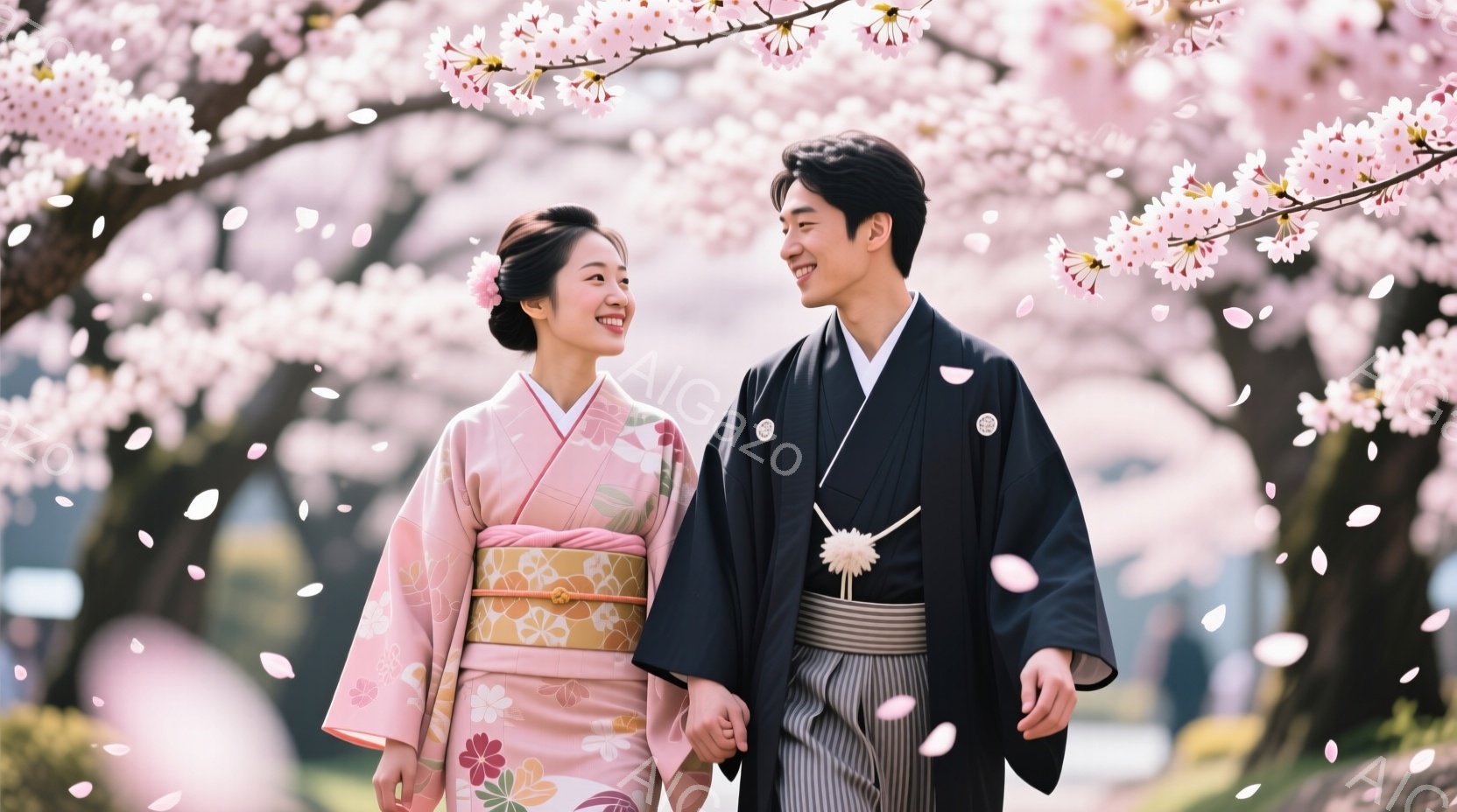鮮やかなピンク色の着物を着た女性と、黒色の紋付羽織袴を身につけた男性が、手をつないで歩いています。二人は微笑んでおり、表情は明るく幸せそうです。背景には桜の花びらが舞い散る桜並木があり、春の暖かくロマ - AI生成フリー素材