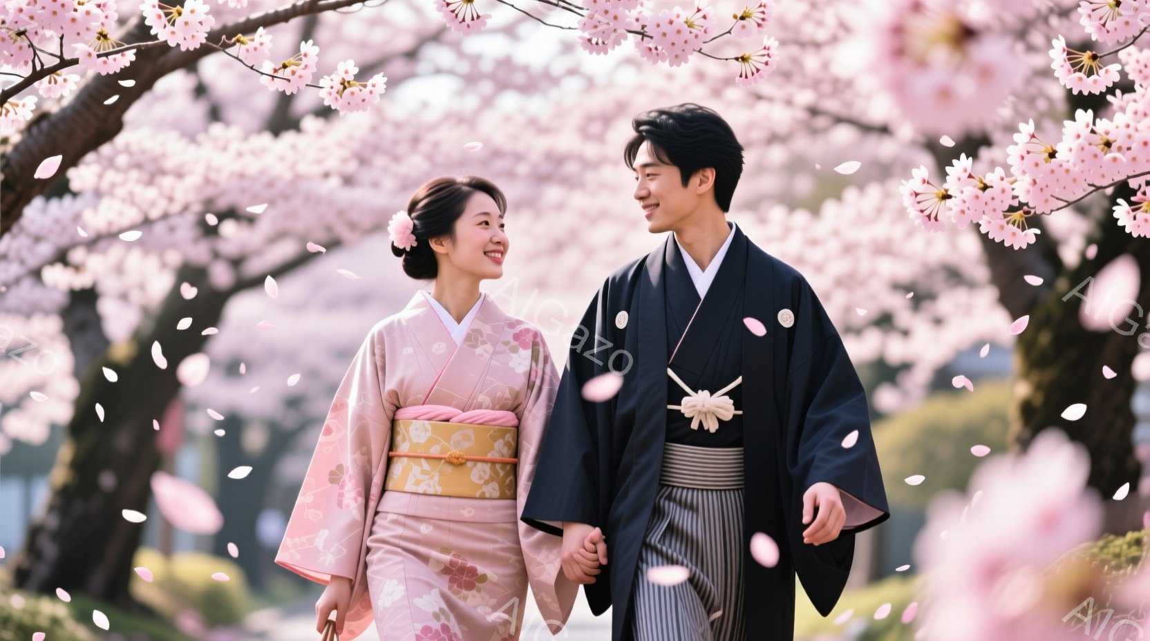 浅いピンク色の桜の花びらが舞う中、和装の若い男女が手をつないで歩いている。女性はクリーム色の地に淡い花柄の着物を着ており、髪は後ろでまとめ、小さな花飾りをつけている。男性は黒い着物と縞模様の袴を身につけ、優しい笑顔を浮かべている。
