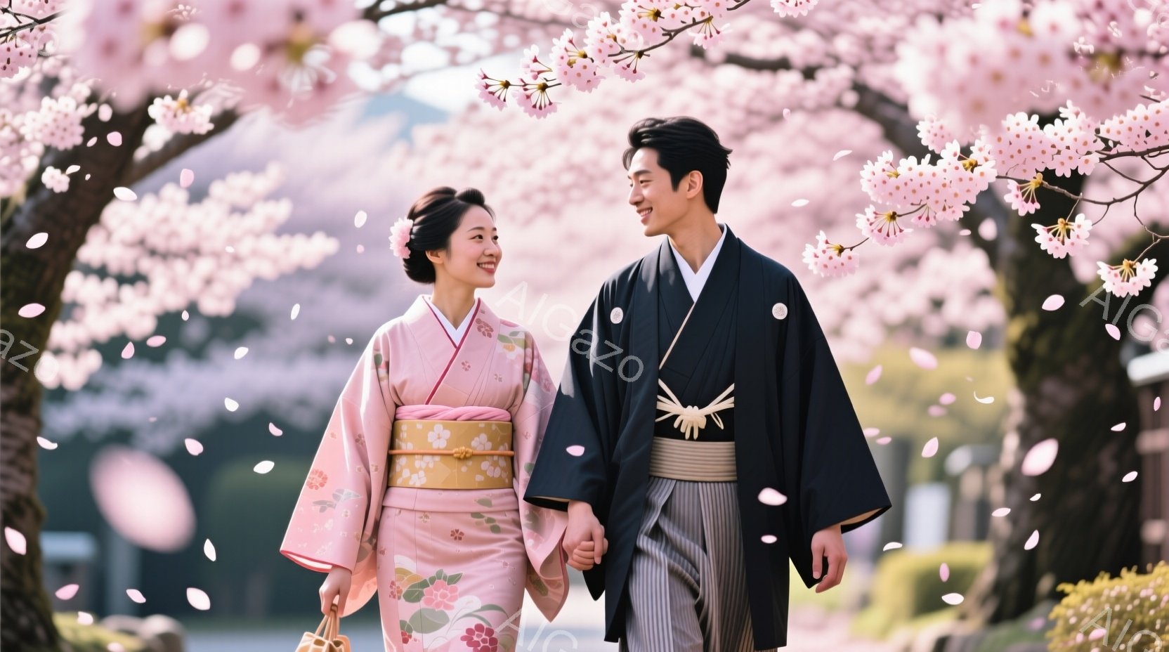 桜並木を歩く若い夫婦が写っています。女性は淡いピンク色の花柄の着物を着ており、髪は後ろでまとめて上品な印象です。男性は黒の羽織と灰色の着物を着ており、二人は手をつないで微笑み合い、幸せな雰囲気を醸し出 - AI生成フリー素材