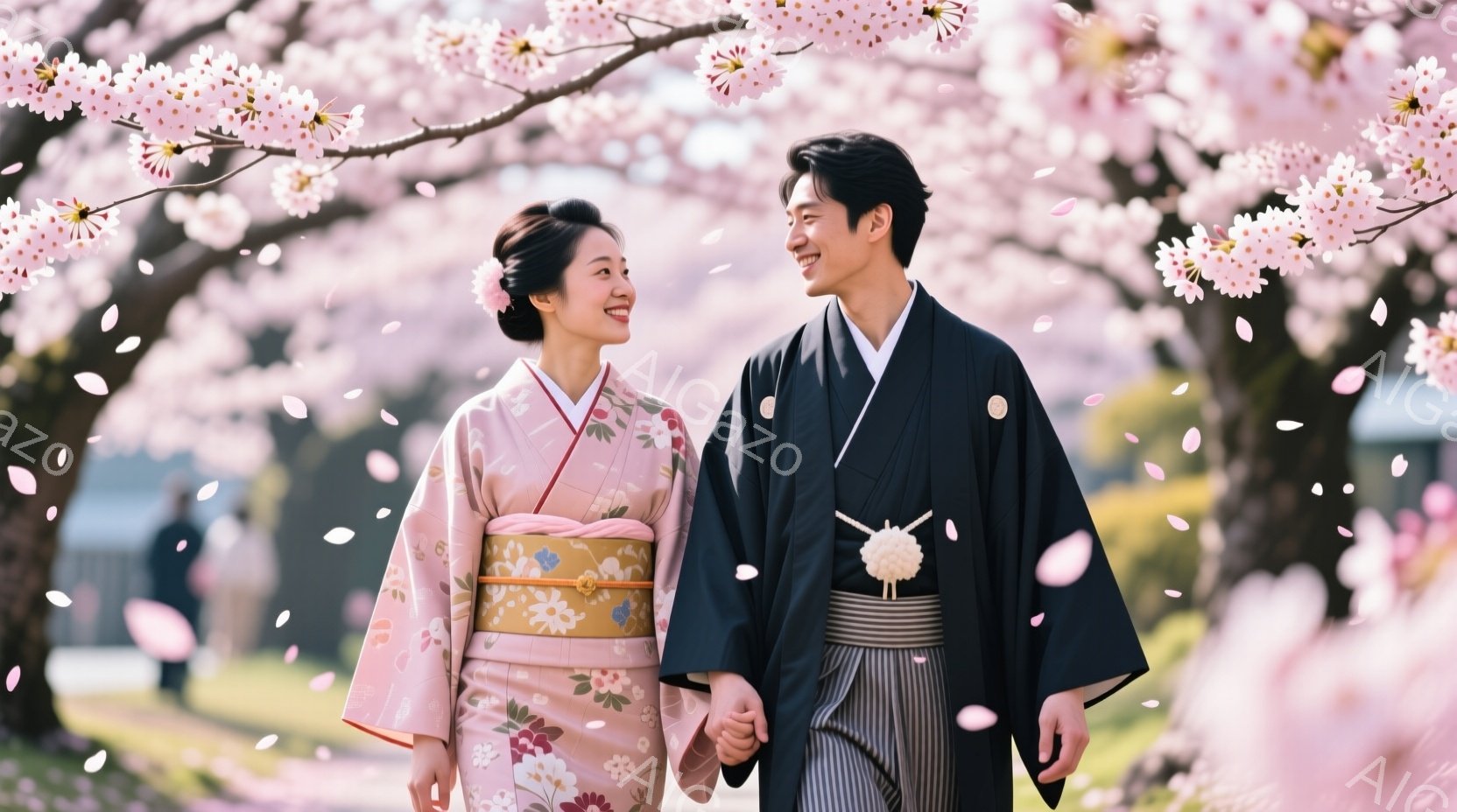 桜の花びらが舞う中、和装した若い男女が手をつないで歩いている。女性は薄桃色の着物に黄色い花柄の帯を締め、髪を後ろでまとめ、微笑んでいる。男性は黒の羽織袴姿で、優しく微笑みながら女性を見つめている。