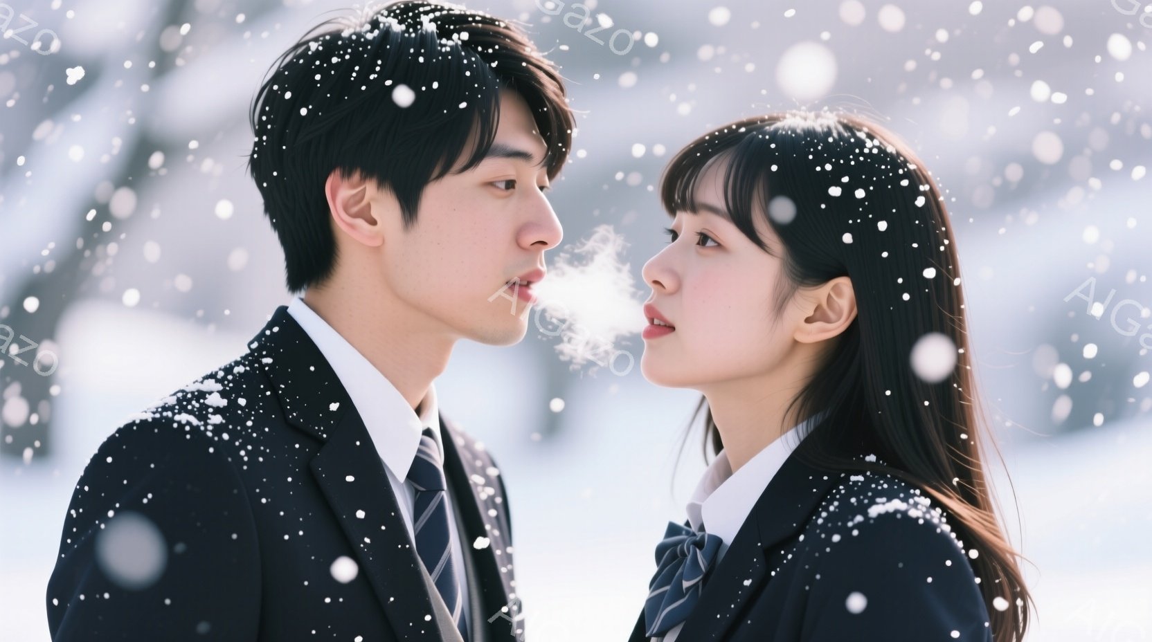 制服を着た若い男女が雪の中で顔を近づけている。 少年は黒髪で、整った制服を着ており、少し緊張した表情をしている。少女は長い黒髪で、白い息を吐き出し、穏やかな微笑みを浮かべている。 - AI生成フリー素材