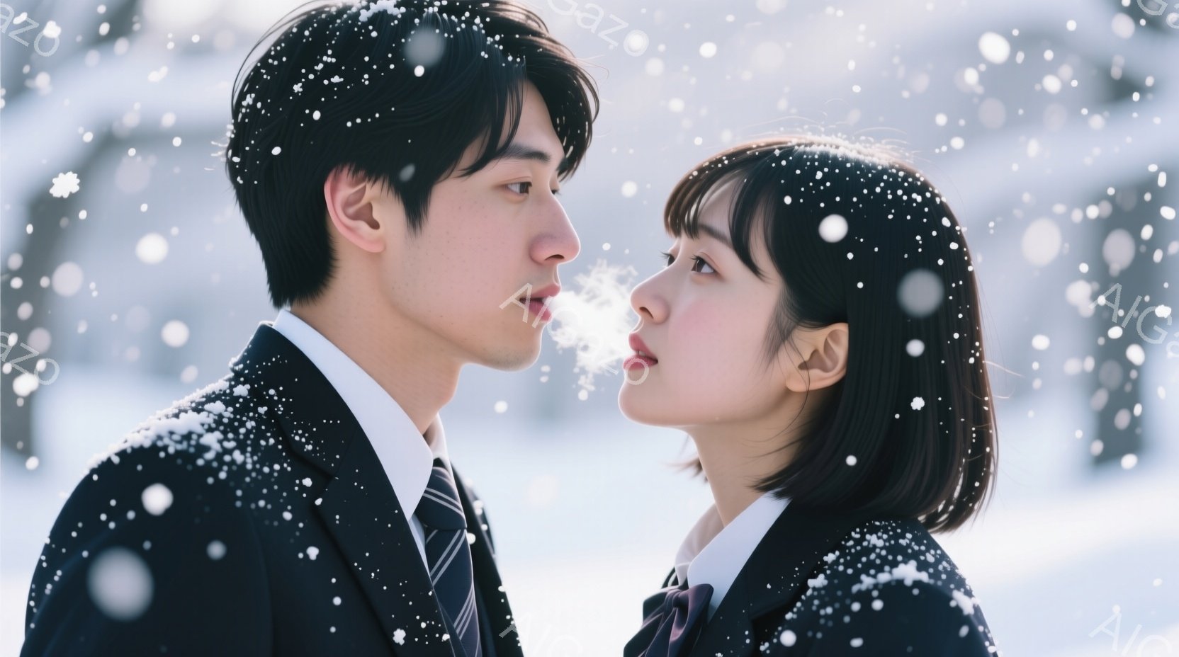 冬の雪景色の中で見つめ合う男女が写っています。男性はスーツにネクタイ、女性は制服を着ており、どちらも前髪を下ろした髪型です。二人は息を吐き出し、白い吐息が空中に漂い、穏やかでロマンチックな雰囲気を醸し出しています。