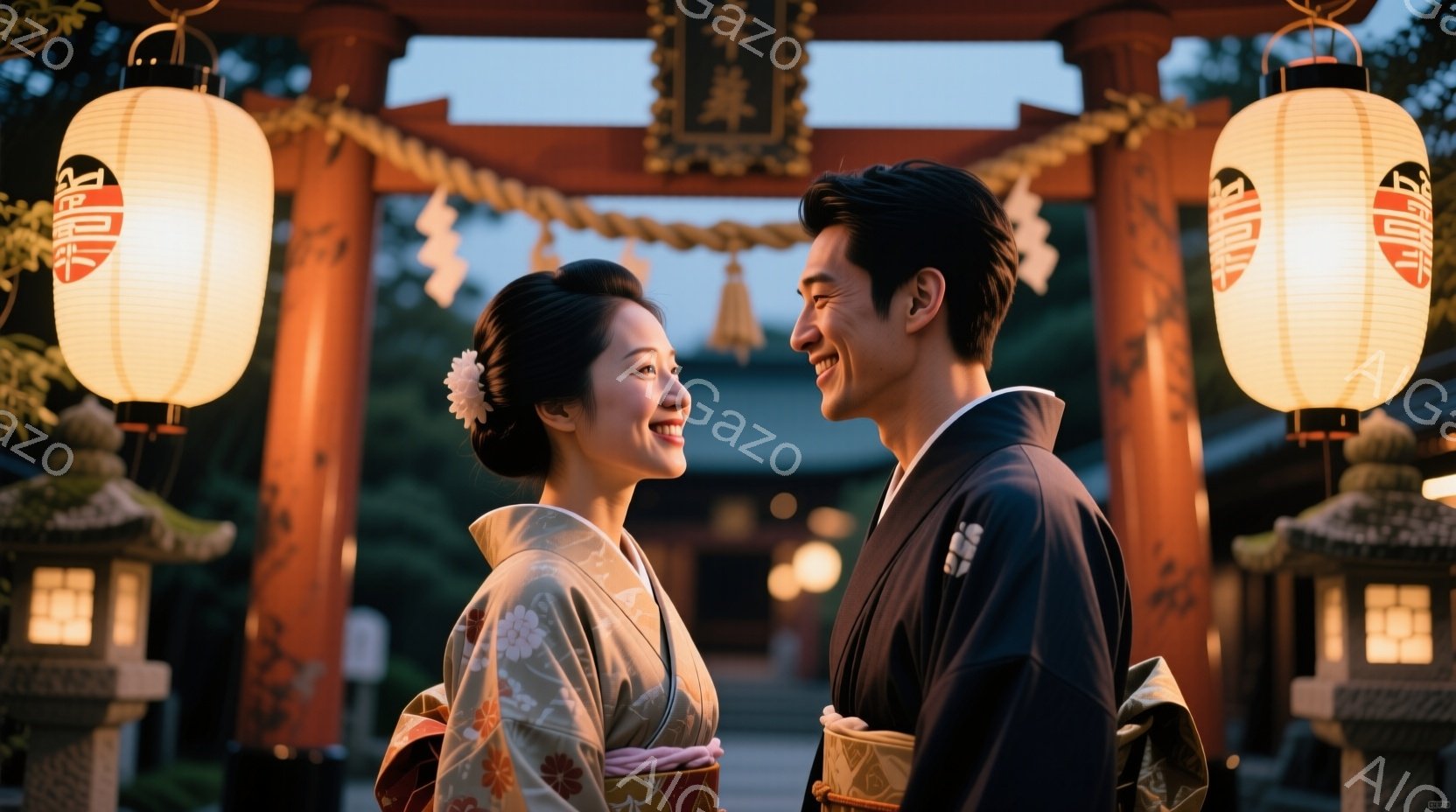 着物姿の男女が微笑み合い、互いを見つめ合っている。女性は白地にピンクの桜模様の着物で、髪は高く結い上げてかんざしをつけている。背景には赤い鳥居と石灯籠があり、夕暮れ時の穏やかな雰囲気が漂っている。