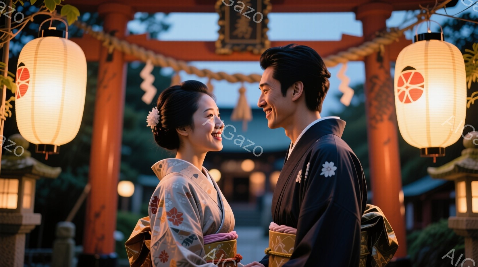 結婚式を迎えた新郎新婦が、神社の鳥居の前で微笑み合っています。女性は白地に花柄の着物を着て髪をまとめ、男性は黒の羽織袴姿で、互いに顔を見合わせ、穏やかな表情を浮かべています。背景には朱色の鳥居と石灯籠が立ち並び、夕暮れ時の柔らかな光が全体を包み込み、祝福の雰囲気を醸し出しています。