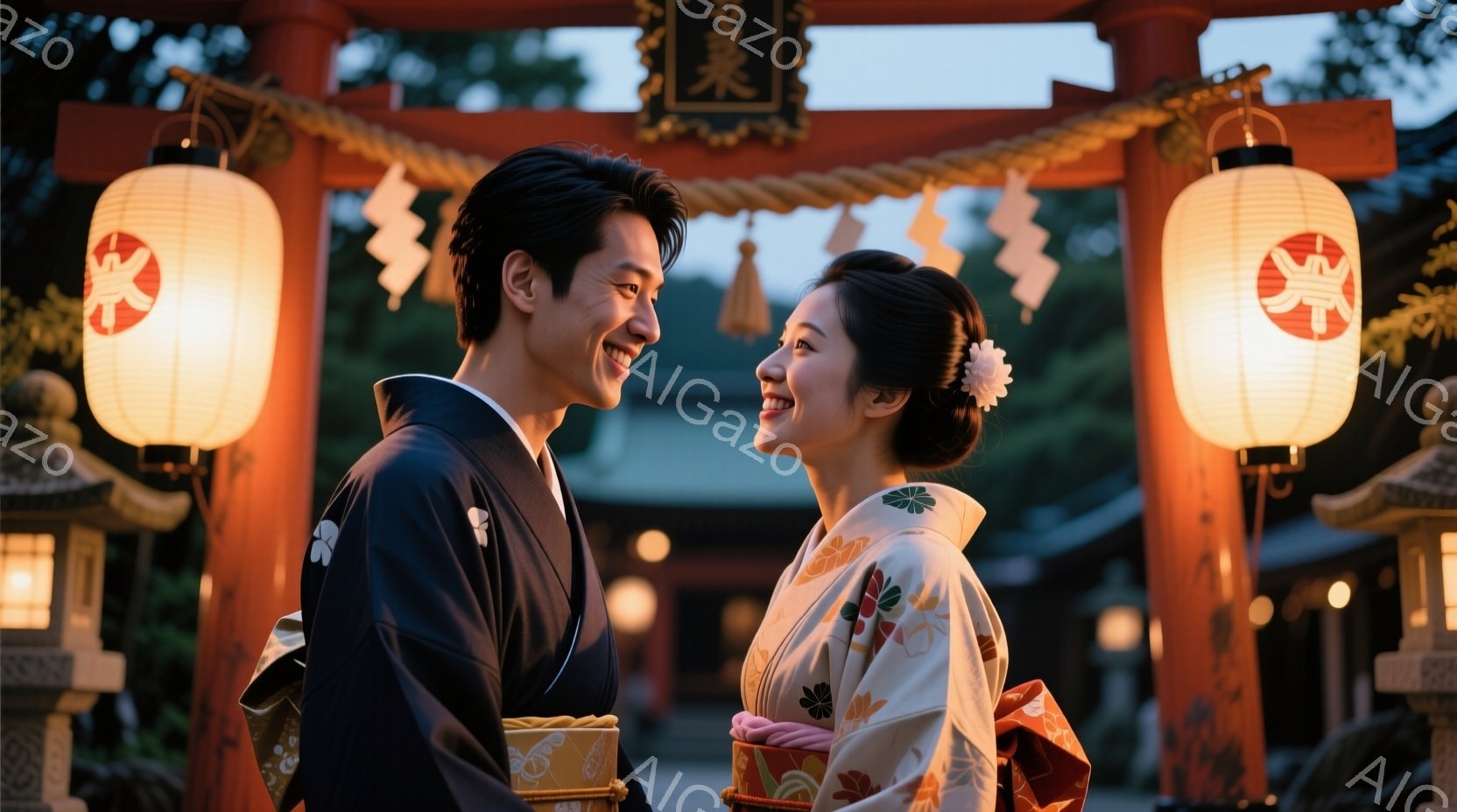 鮮やかな着物を身につけた若い男女が、寺院の赤い鳥居の下で微笑み合い、お互いを見つめ合っています。男性は濃い藍色の着物と袴、女性は白地に桜柄の着物と赤い帯を締め、髪には白い花飾りをつけています。背景には灯籠が灯り、緑豊かな木々が茂り、穏やかでロマンチックな雰囲気を醸し出しています。