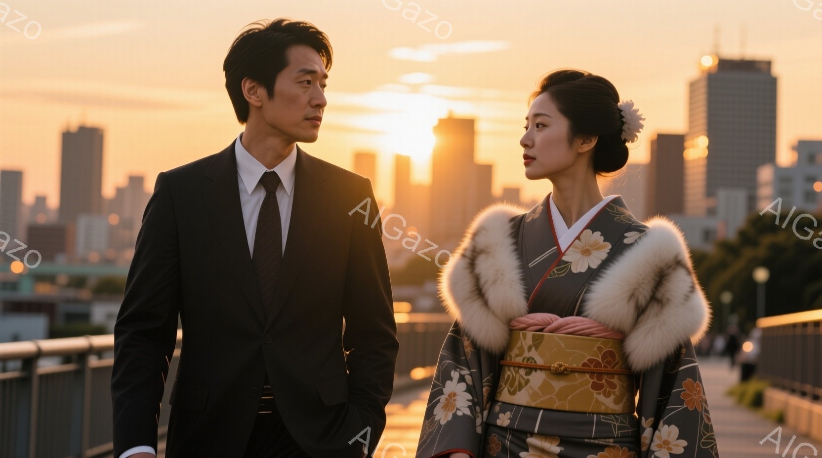 一対の男女が並んで歩いている。男性は黒いスーツにネクタイ姿で、女性はグレー地に花模様の着物と白いショールを身につけている。背景には夕焼け空と高層ビル群が広がり、温かく幻想的な雰囲気を醸し出している。