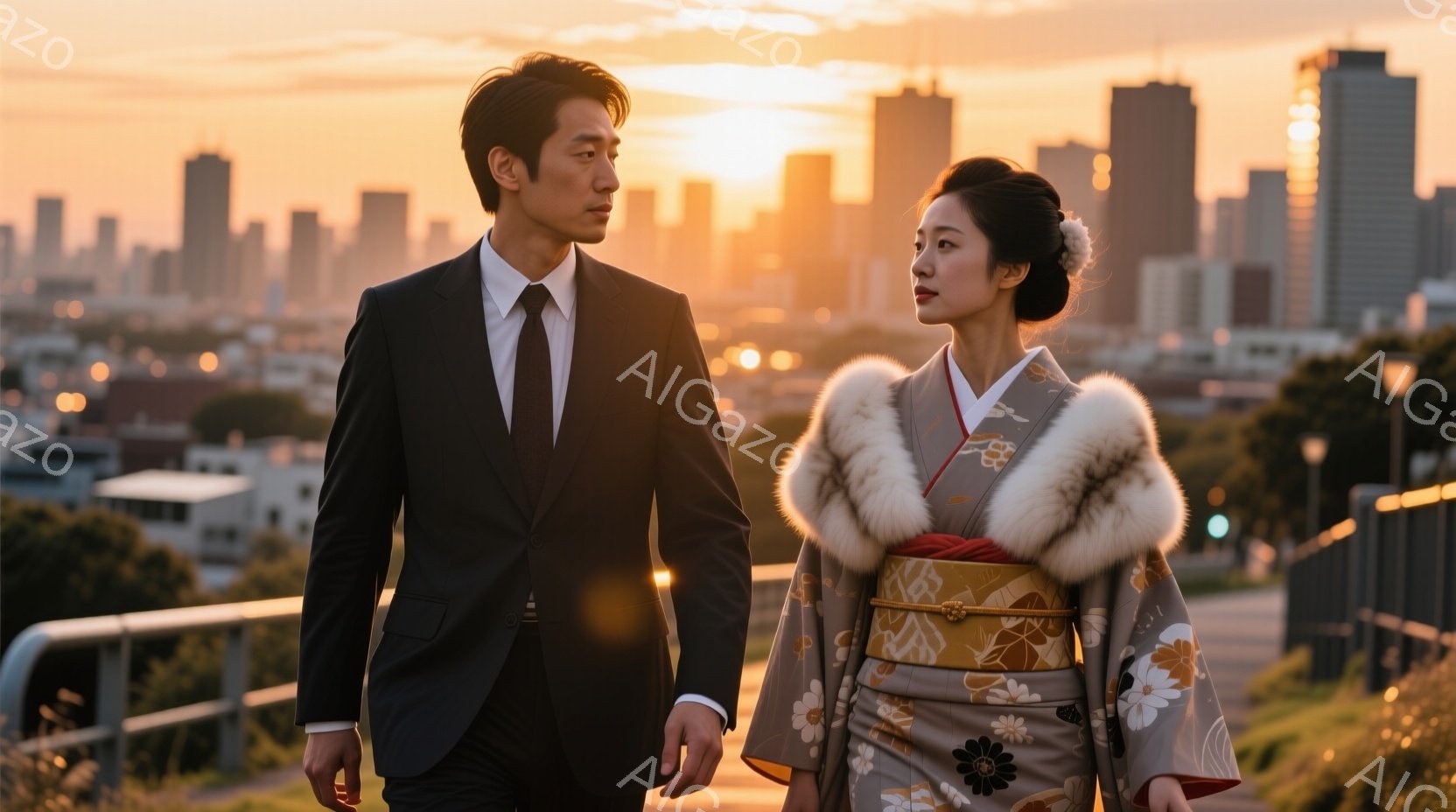 スーツを着た男性と、着物を着た女性が並んで歩いている。背景には夕焼けに照らされた都市のスカイラインが広がり、暖かくロマンチックな雰囲気を醸し出している。女性は華やかな着物に身を包み、髪を上品にまとめ、男性はシックなスーツ姿で、互いにわずかに顔を向け合っている。