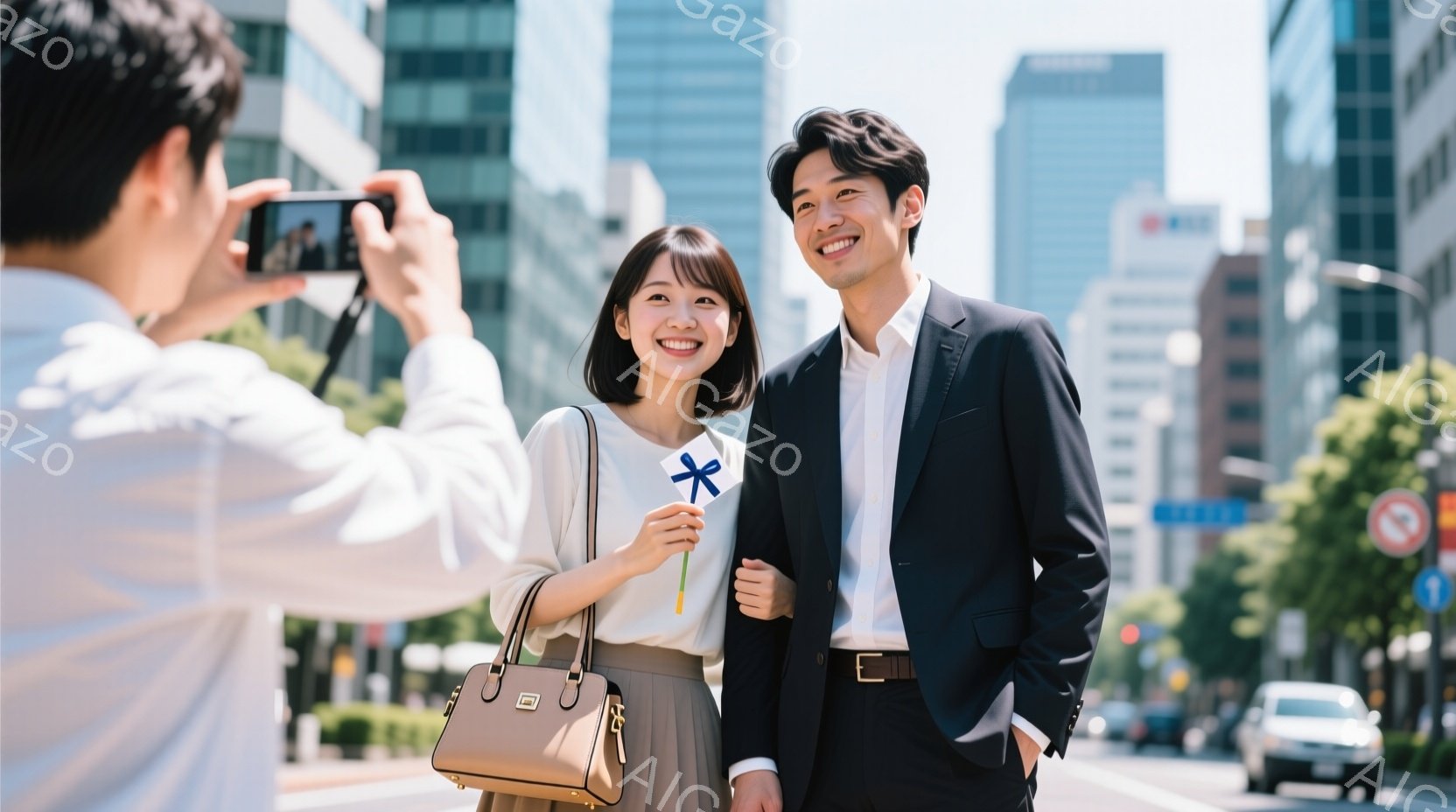 若い女性と男性が並んで立っており、女性は明るい笑顔で片手に小さな青い花を持っています。男性は黒いスーツに白いシャツを着ており、少し微笑んでいます。背景には高層ビル群が立ち並び、晴れた空と緑の木々が見え - AI生成フリー素材