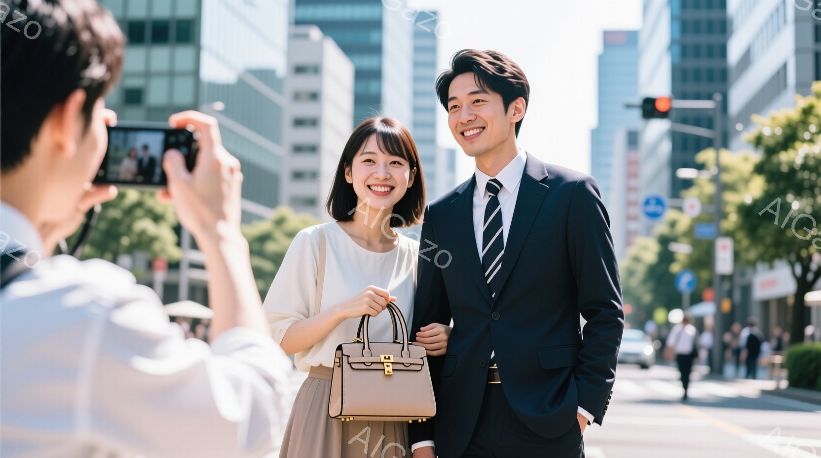 若い女性と男性が街中で写真を撮られています。女性はベージュのスカートに白いトップス、肩にベージュのバッグをかけ、笑顔でカメラを見ています。男性は黒いスーツにネクタイ姿で、女性の隣で微笑んでいます。背景 - AI生成フリー素材