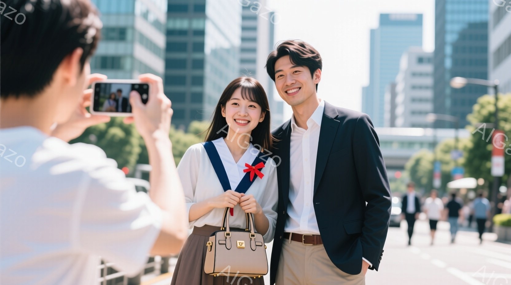 制服姿の若い女性とスーツ姿の若い男性が、街中で誰かに写真を撮ってもらっている様子が写っている。女性はショートヘアで笑顔を見せ、手にベージュ色のハンドバッグを持っている。背景には高層ビルが立ち並び、晴天 - AI生成フリー素材