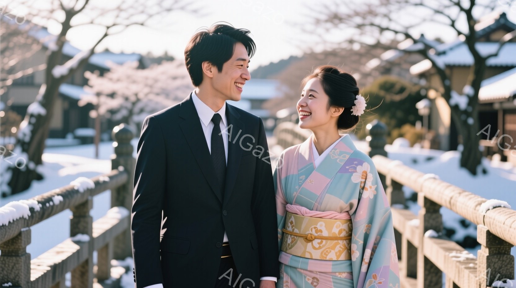 雪景色の中に佇む若い夫婦が写っている。男性は黒いスーツにネクタイ姿で、女性は淡い緑とピンクがかった着物を着用し、髪には白い花飾りをつけている。二人は笑顔で寄り添い、雪で覆われた橋の上を歩いている様子か - AI生成フリー素材