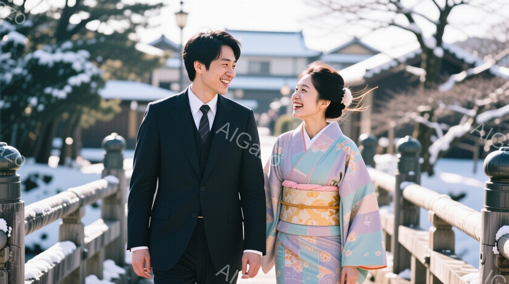 晴れた冬の日に、一対のカップルが雪景色の中を歩いています。男性は黒いスーツにネクタイで、女性はパステルカラーの花柄の着物に、髪をアップスタイルにして髪飾りをつけています。二人は笑顔で互いに向き合い、橋 - AI生成フリー素材