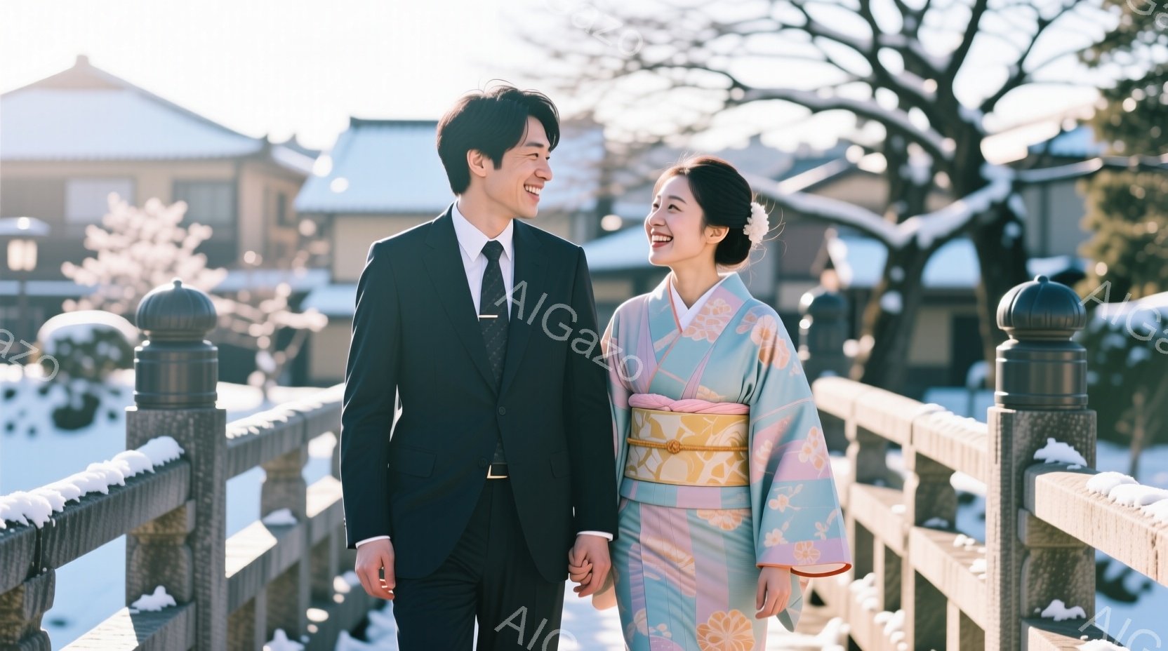 新郎は黒いスーツとネクタイを着用し、新婦は淡いピンクと水色の花柄の着物を着ています。二人は手をつなぎ、橋の上を笑顔で歩いており、幸せそうな表情をしています。背景には雪景色と伝統的な日本建築が見え、冬の - AI生成フリー素材