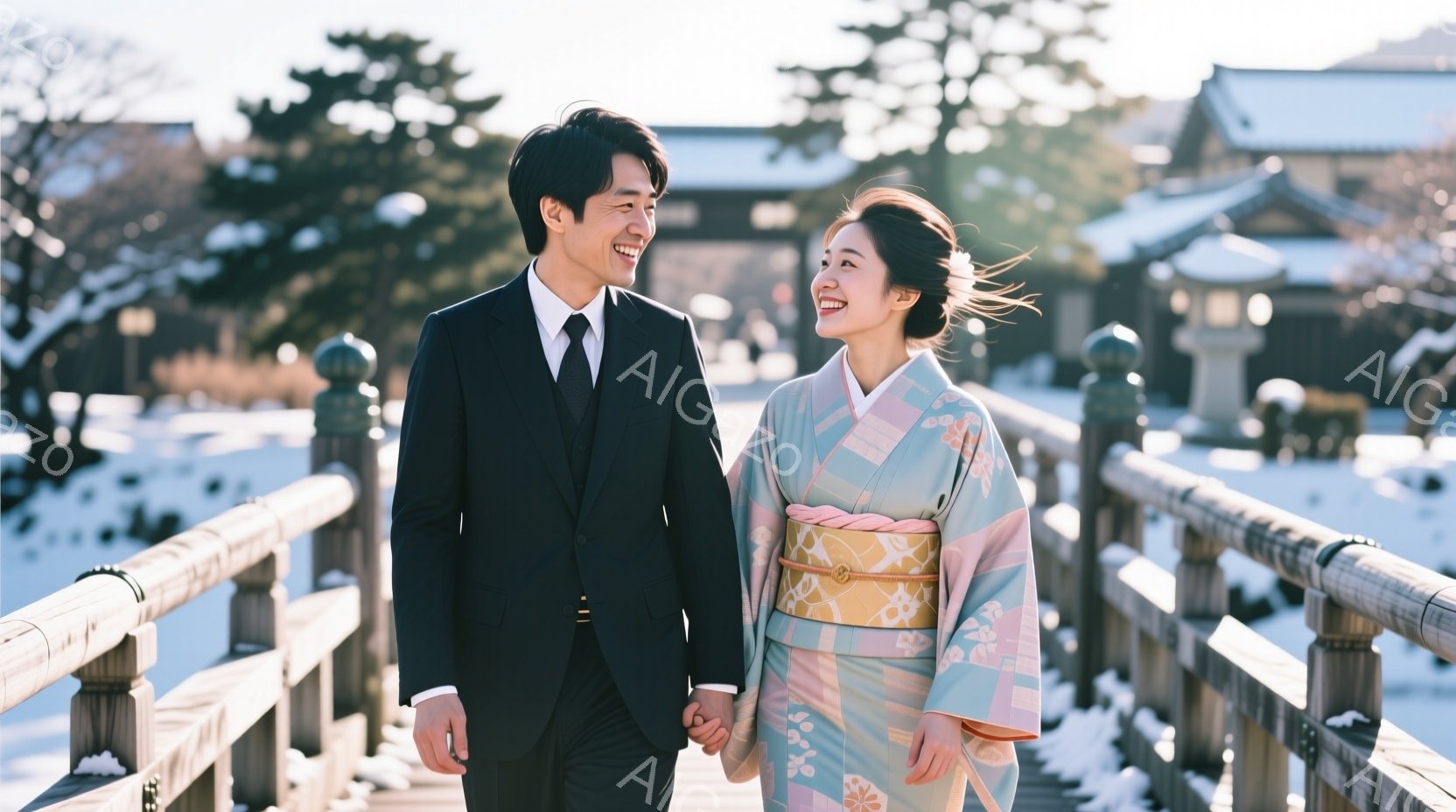 雪景色の中、和装の女性とスーツ姿の男性が手をつないで橋の上を歩いている。女性は薄い水色の着物を着ており、明るい笑顔を浮かべている。背景には雪を頂いた建物と木々が見え、温かく穏やかな雰囲気が漂っている。 - AI生成フリー素材