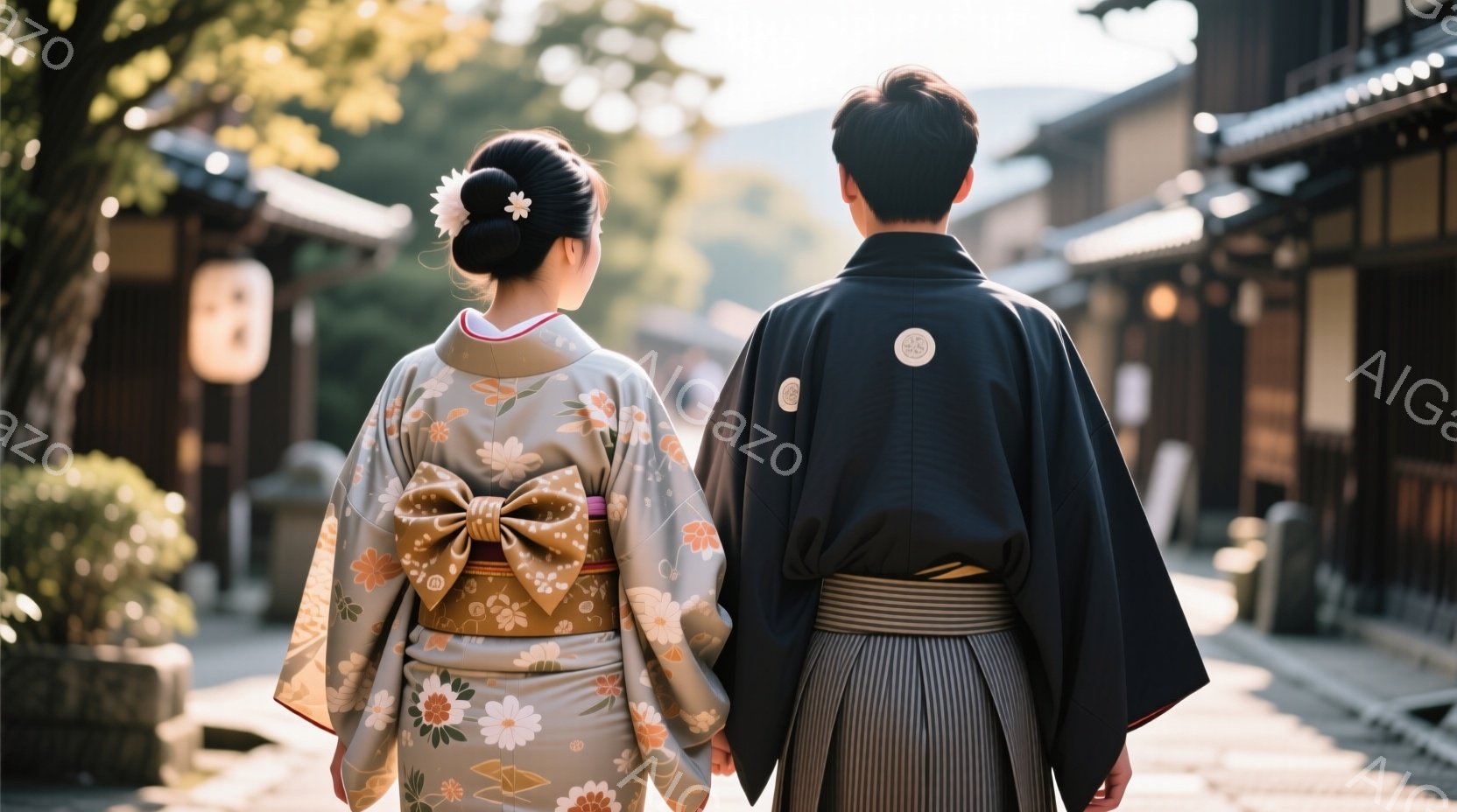 帯の色鮮やかな女性と黒い着物を着た男性が、古い町並みを並んで歩いている。女性は後ろ向きで、髪をきれいにまとめ、花飾りをつけている。背景には木造建築が並び、緑豊かな自然が広がり、静かで趣のある雰囲気が漂っている。