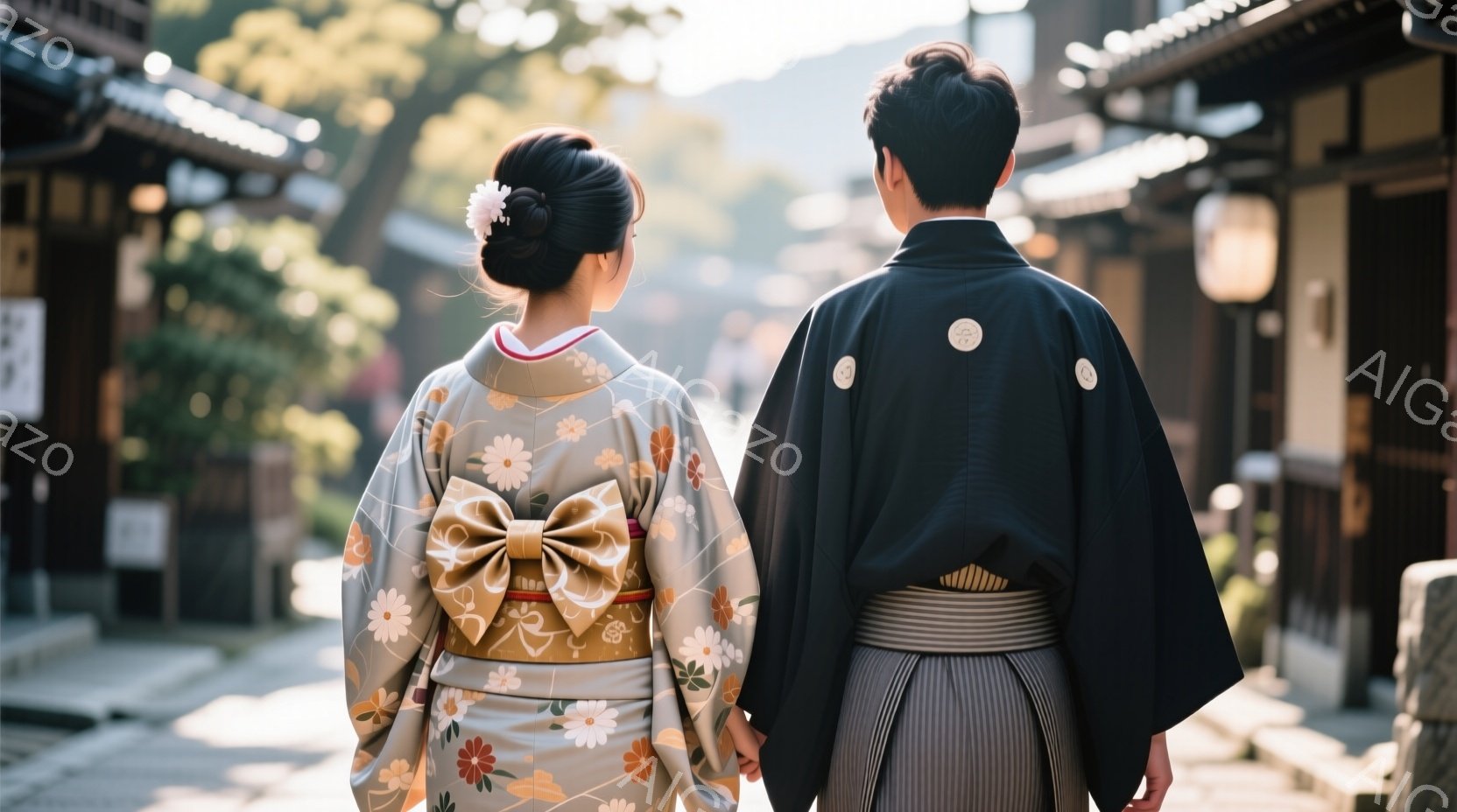 浅いベージュ色の花柄の着物を着た女性と、黒色の羽織と縞模様の袴を身につけた男性が、手をつないで歩いている。背景には、伝統的な木造建築が並び、石畳の道が続いている。穏やかな日差しが差し込み、古都の静かで - AI生成フリー素材