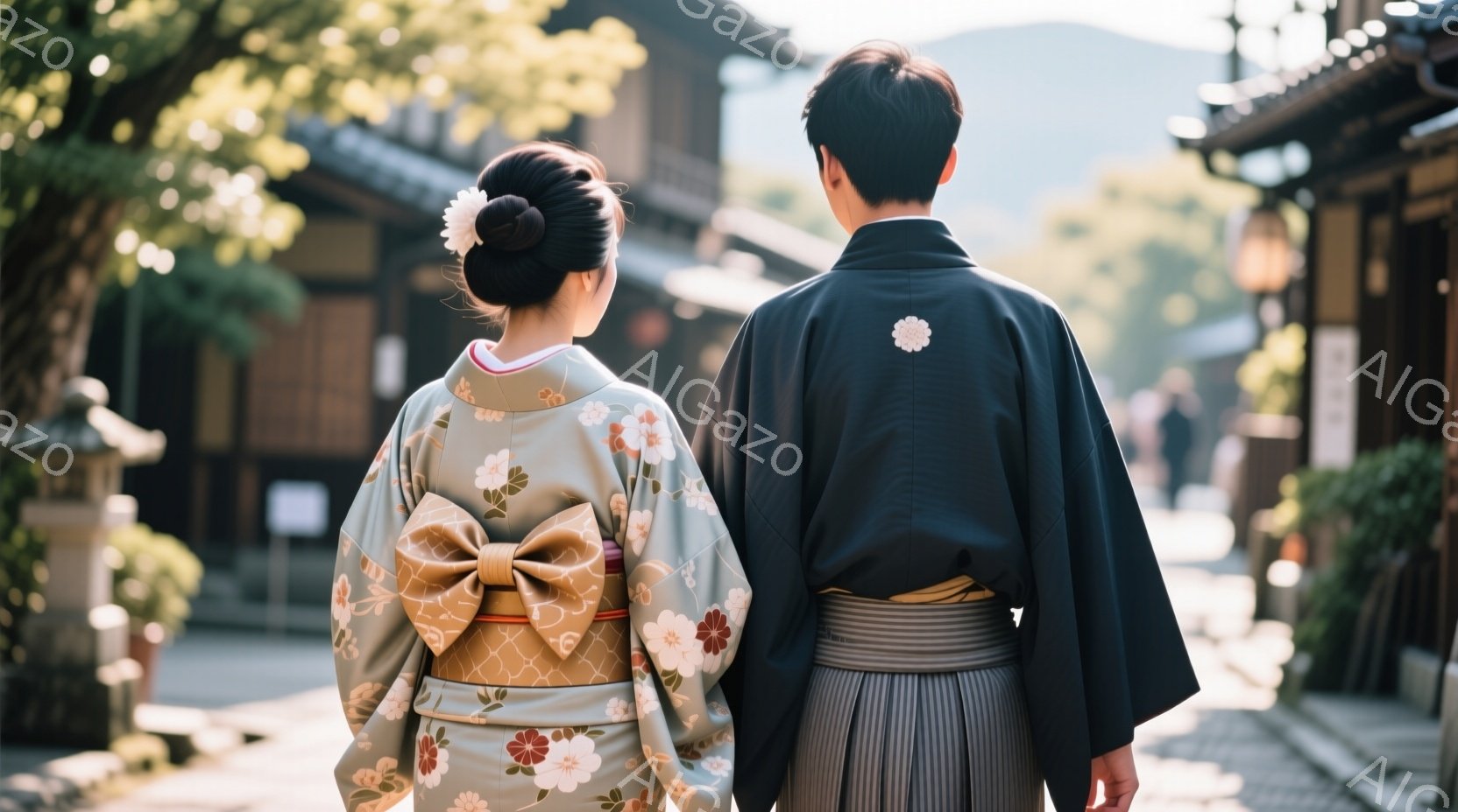 浅緑色の着物を着た女性と黒色の着物を着た男性が並んで歩いている。女性は髪を後ろでまとめ、かんざしをつけている。背景には伝統的な木造建築が並び、石畳の道と緑豊かな自然が広がっており、晴れた日の穏やかな雰 - AI生成フリー素材