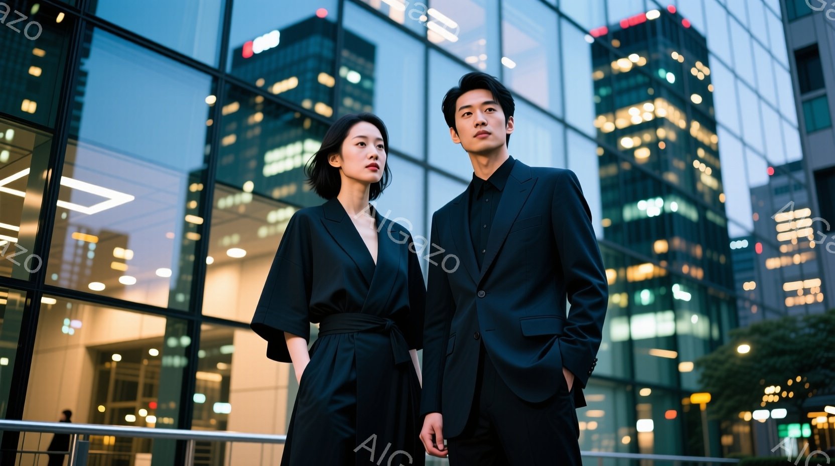 高層ビルの前に立つ男女が写っています。女性は黒のジャンプスーツを着ており、髪は後ろで一つにまとめられています。男性は黒いスーツを着ており、両者ともやや硬い表情で、カメラの方を向いています。