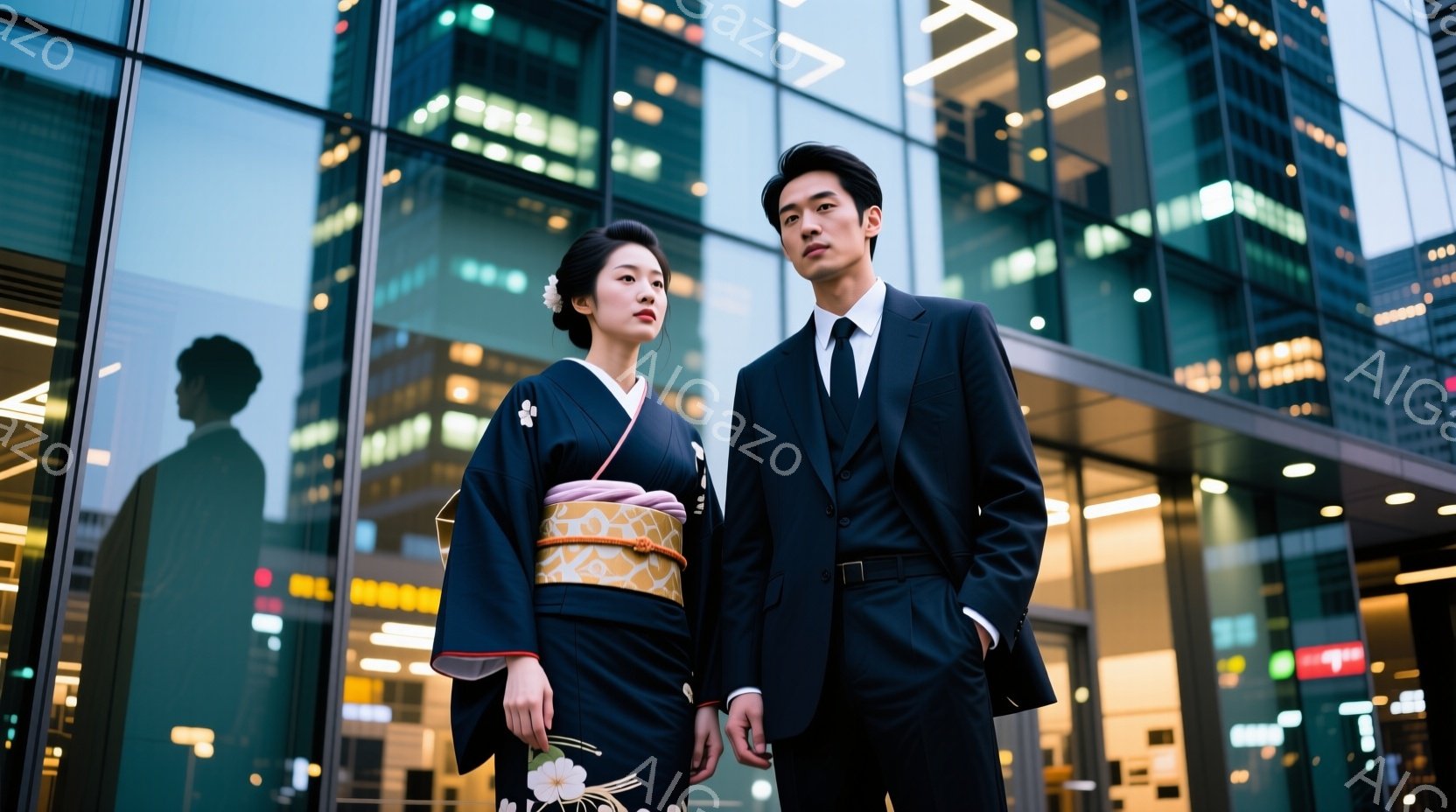 街の近代的な建物が背景に広がる中、一人の女性は濃い青色の着物と明るい黄色の帯を身につけ、手に白い花を持っています。男性は黒いスーツとネクタイ姿で、少し上を見つめ、女性と並んで立っています。二人はやや緊張した表情で、お祝いの場や特別なイベントに出かけるところでしょうか。