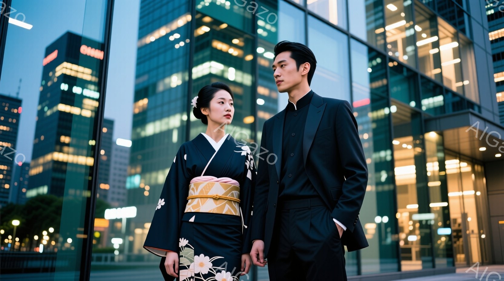 この画像では、着物姿の女性とスーツ姿の男性が並んで立っている。女性は濃い藍色の着物に薄いピンクと黄色の花柄が描かれており、髪は後ろでまとめ上げている。背景には近代的な高層ビル群が広がり、夜の街の光が反射している。