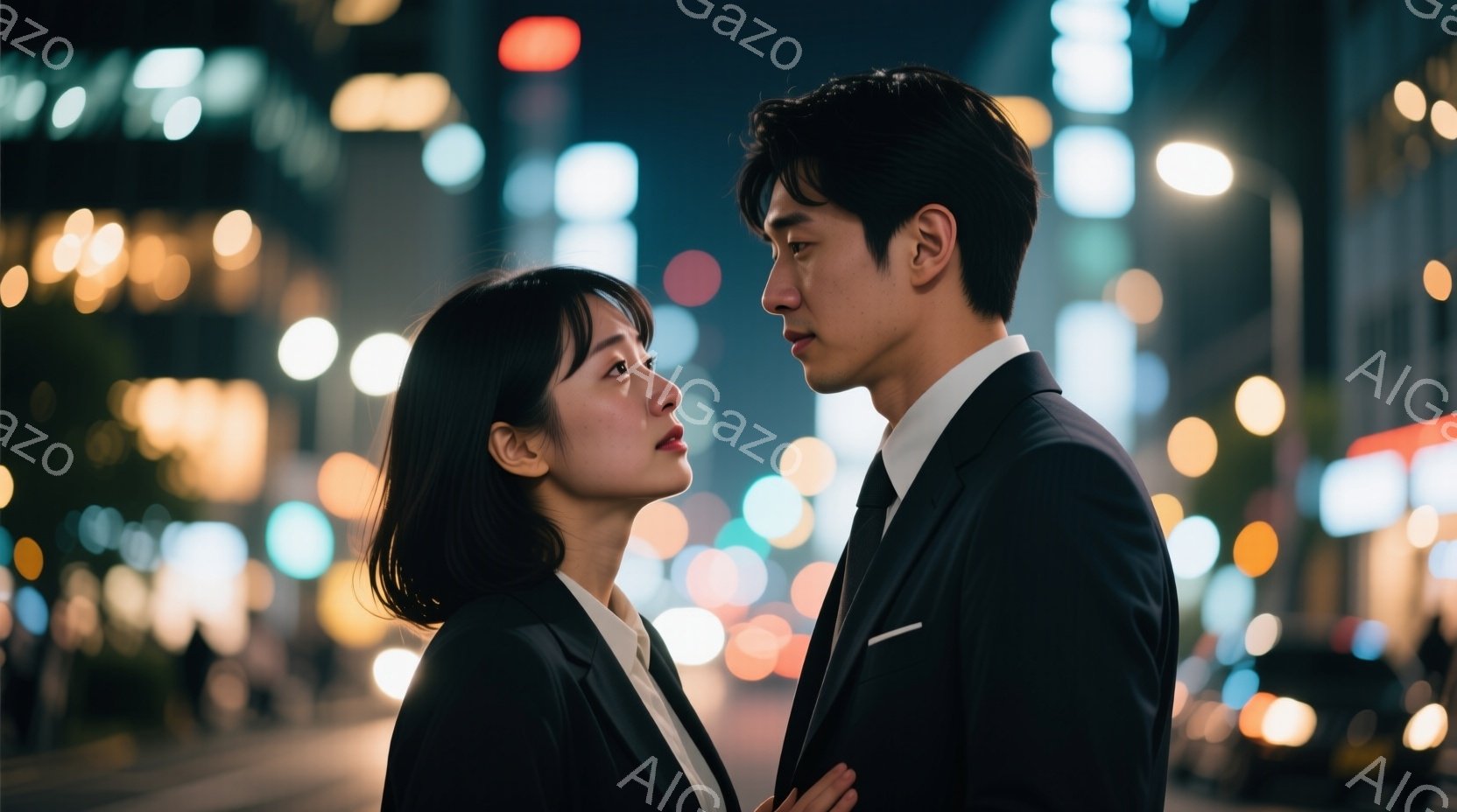夜の街並みを背景に、ビジネススーツを着た男女が写っている。女性は黒いショートボブで、赤い口紅が印象的で、やや顔を上げた表情をしている。男性は黒いスーツとネクタイで、女性の方を見ており、やや緊張した面持ちで互いを見つめ合っている。