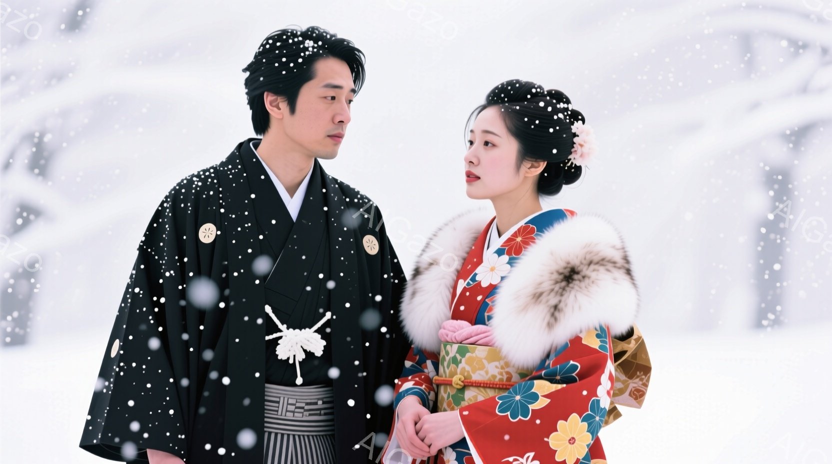 雪が降る中、日本の伝統的な衣装を着た男女が寄り添っています。男性は黒色の着物と羽織、白の袴を着用し、真剣な表情を浮かべています。女性は赤い着物と白とオレンジ色の重ね襟、そして豪華な刺繍が施された髪飾りをつけ、上品な雰囲気を醸し出しています。