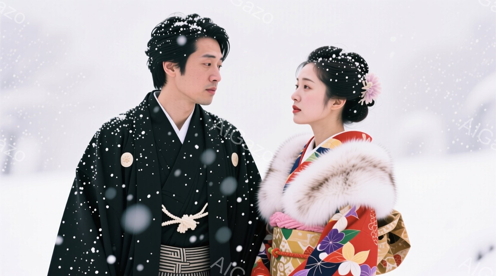 雪が降る中、着物を着た男女が並んで立っている。男性は黒色の着物と白い帯、女性は赤や黄色、緑などの鮮やかな花柄の着物に、白いファーの襟を巻いている。二人は互いに少し視線をずらし、凛とした雰囲気を醸し出している。