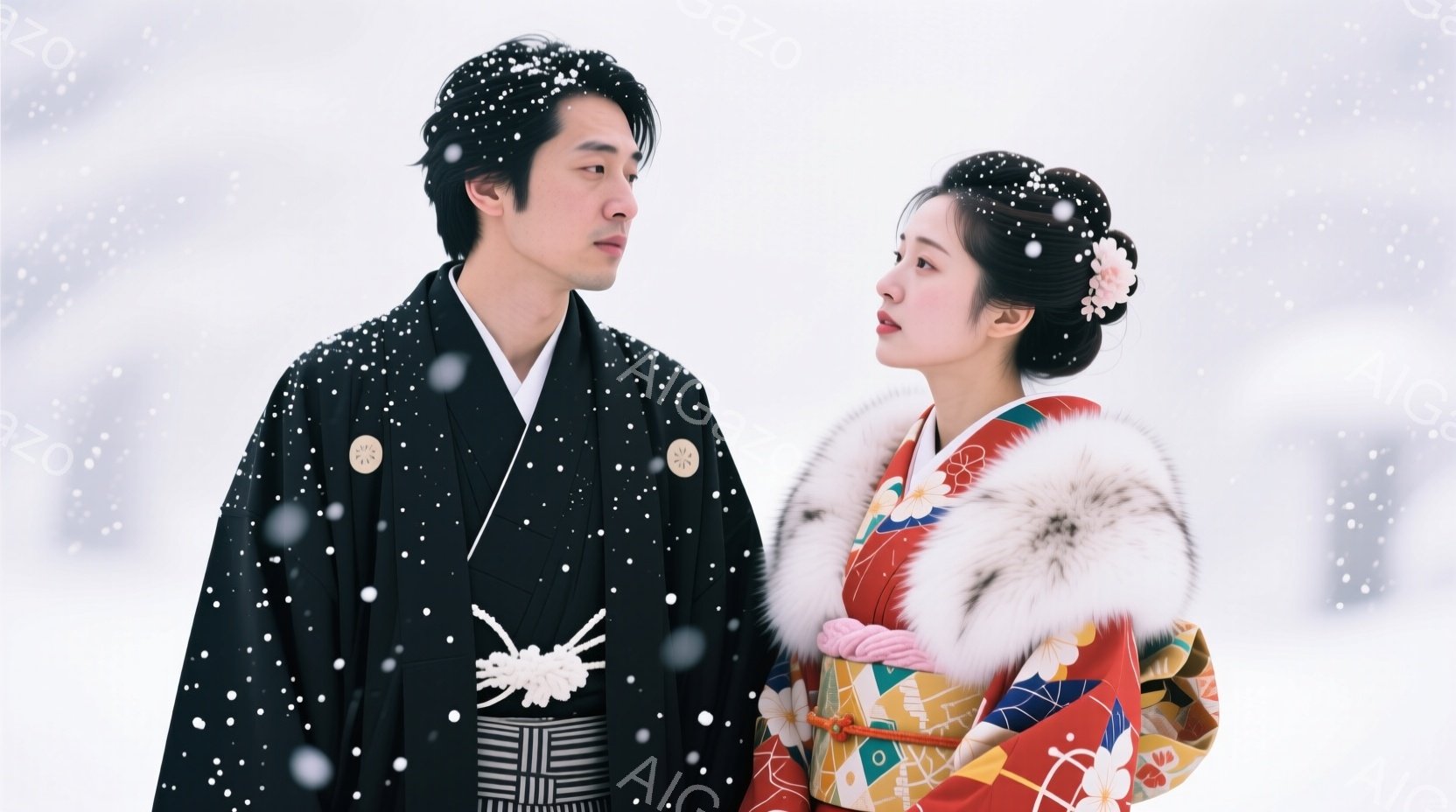 雪が舞う中、着物を着た若い男女が並んで立っている。男性は黒地に金色の模様が入った羽織袴を身につけ、女性は赤、オレンジ、金色の花柄の着物に白いボア襟巻きを合わせている。二人は互いに少し顔を見合わせるように立っており、全体的に厳かで幻想的な雰囲気が漂っている。