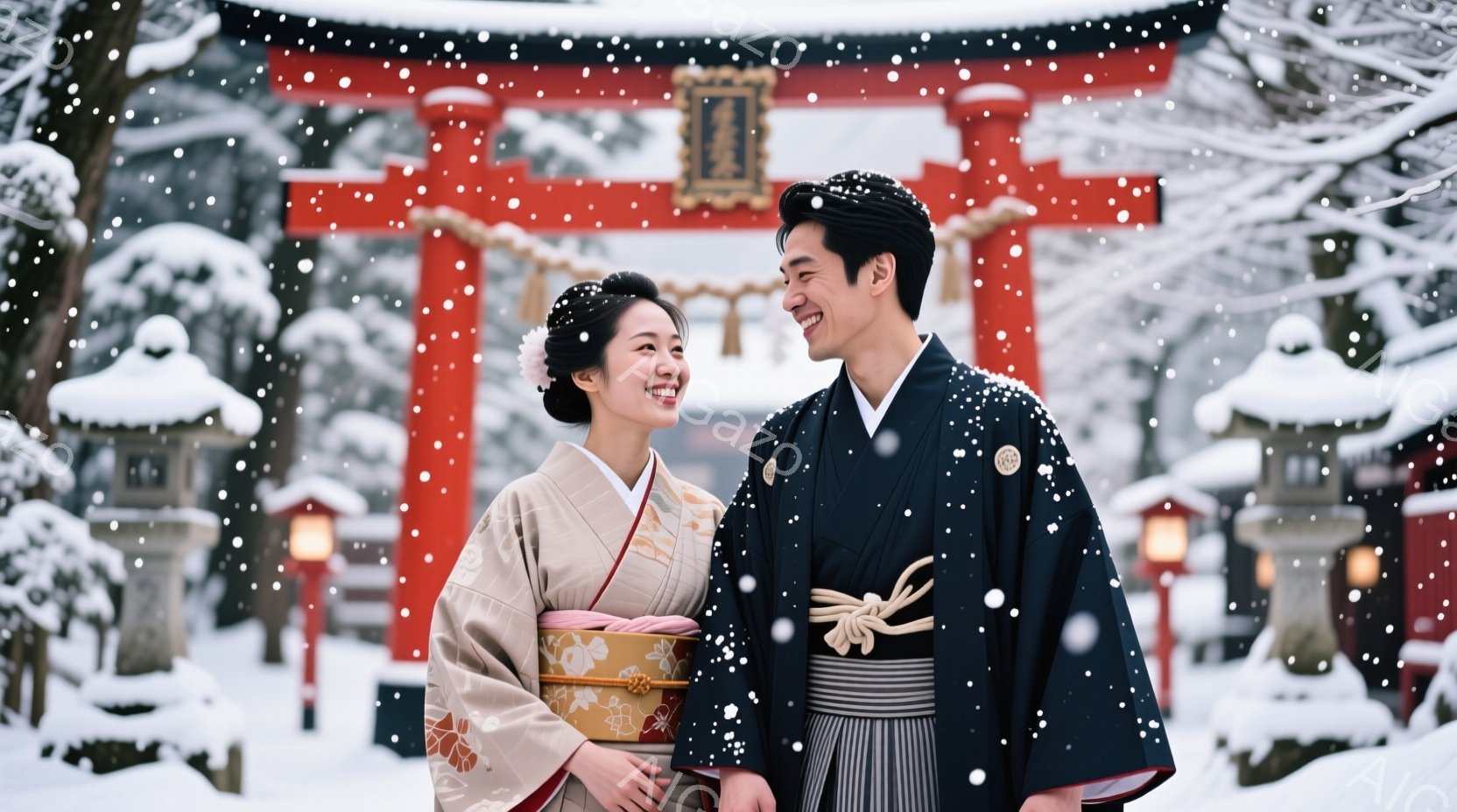 雪が降る中、和装した男女が寄り添って微笑んでいます。女性はクリーム色の着物と金色の帯を締め、髪を上品にまとめ、穏やかな表情を浮かべています。背景には赤い鳥居と雪に覆われた木々があり、静かでロマンチック - AI生成フリー素材