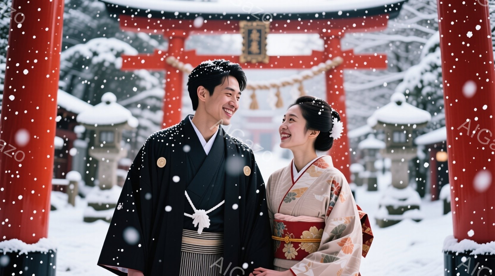 新郎新婦と思われる男女が、雪が降る赤い鳥居の前で微笑んでいます。男性は黒色の紋付羽織袴を着用し、女性はクリーム色の地に花柄が入った着物を着ています。背景には雪景色が広がり、幻想的な雰囲気を醸し出してい - AI生成フリー素材