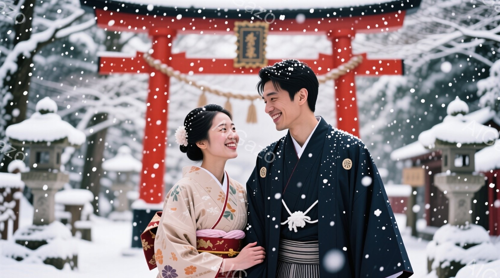 雪が降る中で、和装した若い男女が微笑み合いながら寄り添っている。女性はクリーム色の桜柄の着物と、髷（もぐい）の髪型で、幸せそうな表情を見せている。背景には雪を被った鳥居と、雪景色の中に佇む建物が見られ - AI生成フリー素材