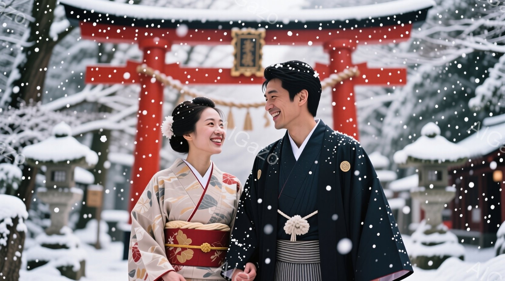 新雪が舞う中で、着物を着た男女が笑顔で寄り添い合っている。女性はクリーム色の着物に赤い帯、黒髪を華やかに結い上げ、男性は黒と白の縞模様の羽織と着物を着ている。背景には雪を頂いた神社が見え、冬の厳かな雰 - AI生成フリー素材