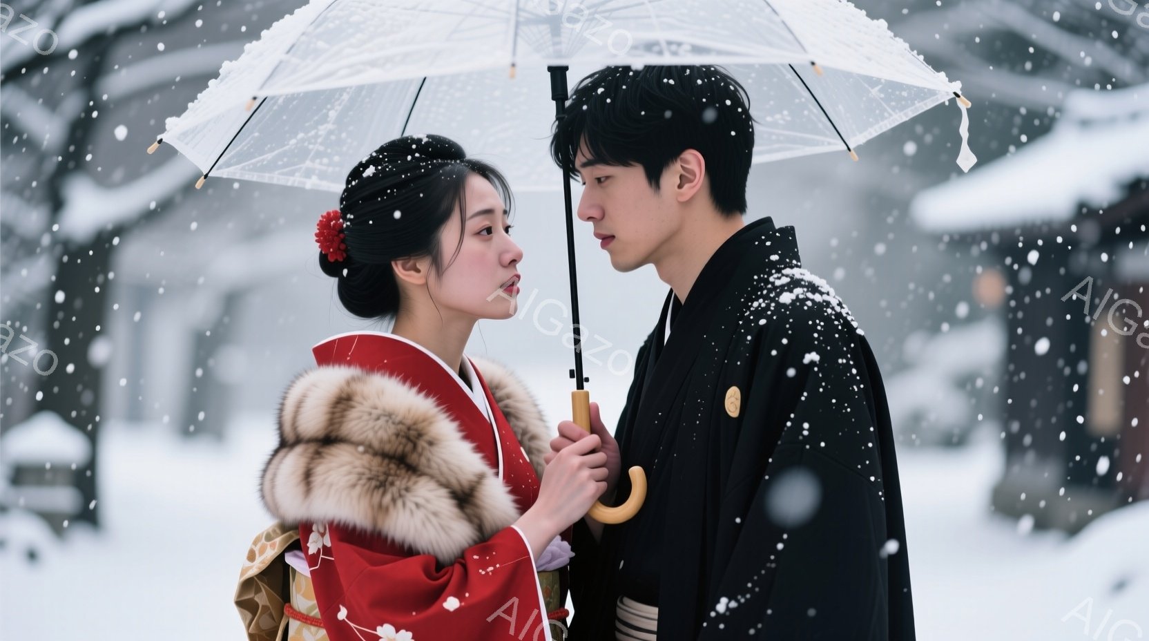 雪が舞う中で、着物を着た男女が寄り添っている。女性は赤い着物と毛皮のショールを身に着け、髪を高く結い上げて赤い髪飾りをつけている。男性は黒い着物を着用し、女性の方を見つめ、二人は傘の下で親密な時間を過ごしている。