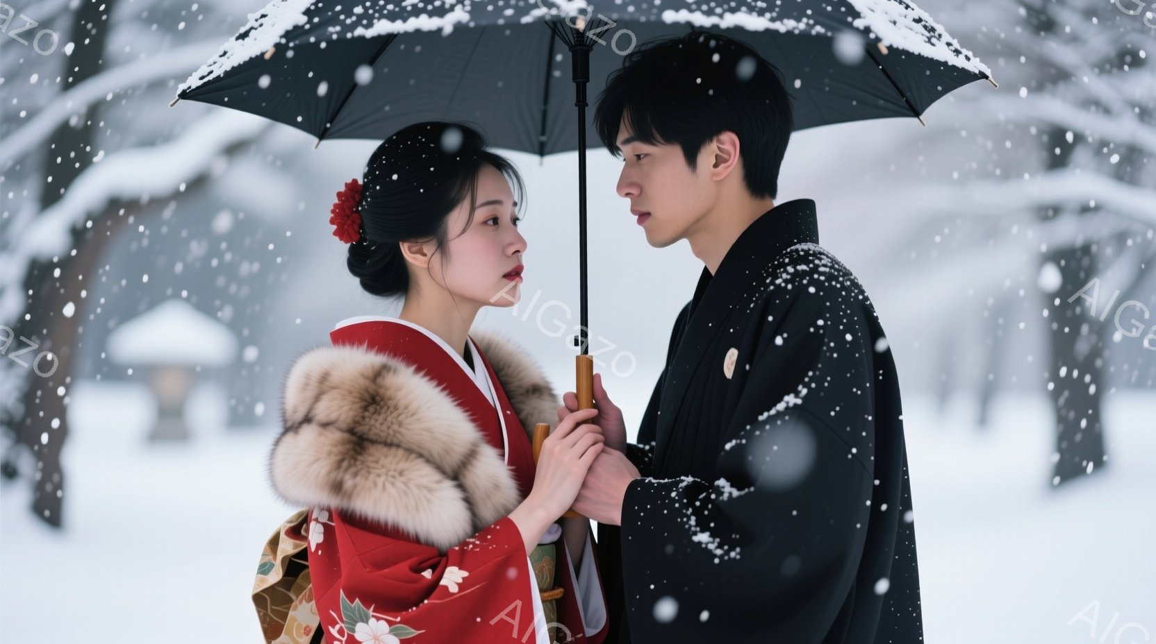 雪が降る中で、着物を着た女性と黒い紋付羽織袴の男性が寄り添っている。女性は赤い着物で、肩には豪華なファーが巻かれ、髪は日本髪に結われ、赤いかんざしをつけている。男性は真剣な表情で女性を見つめ、二人は傘 - AI生成フリー素材