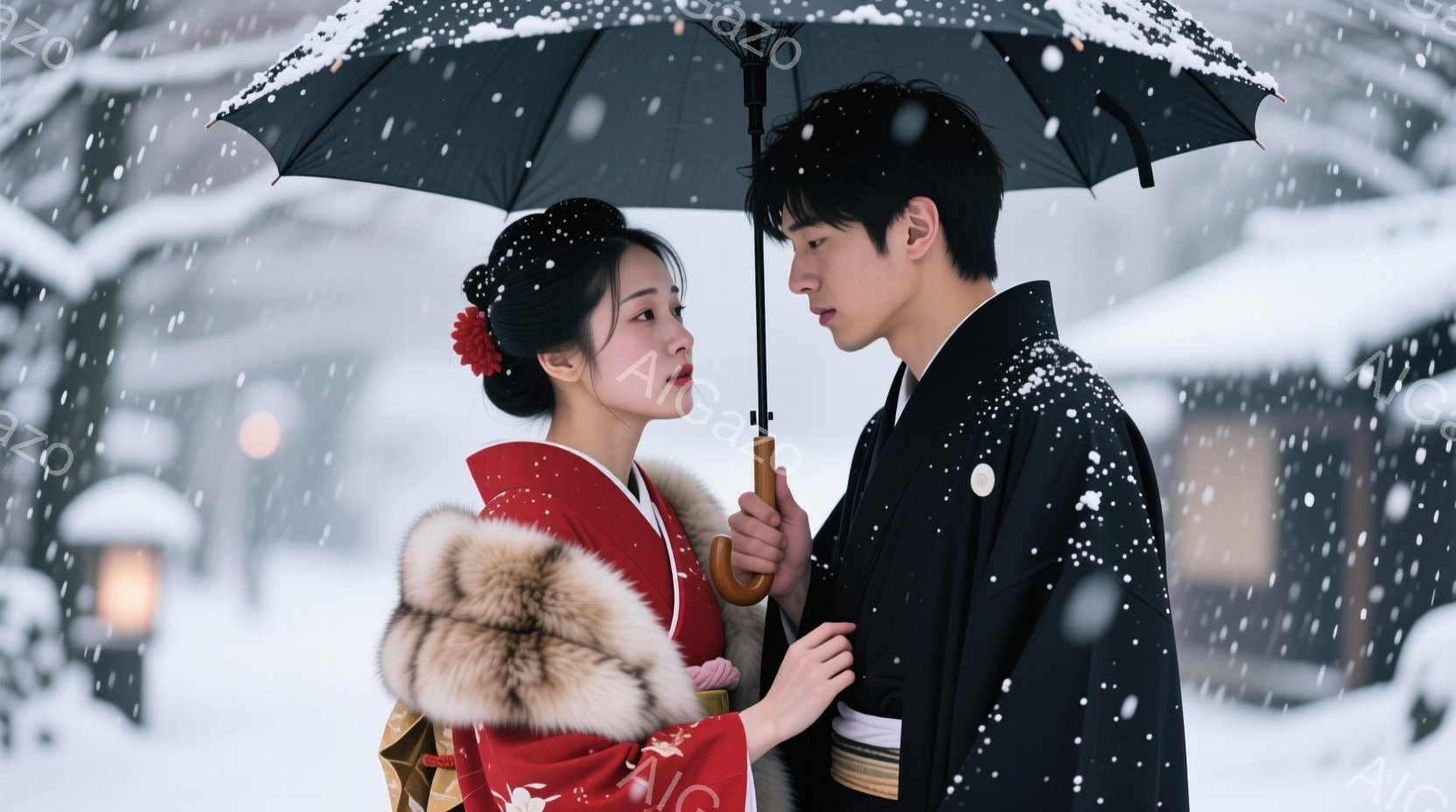 雪が降る中で、一対の男女が寄り添って立っている。女性は赤い着物とファーのショールを身に着け、髪を華やかに飾り付けている。男性は黒い着物を着ており、二人は互いを見つめ合い、穏やかでロマンチックな雰囲気を - AI生成フリー素材