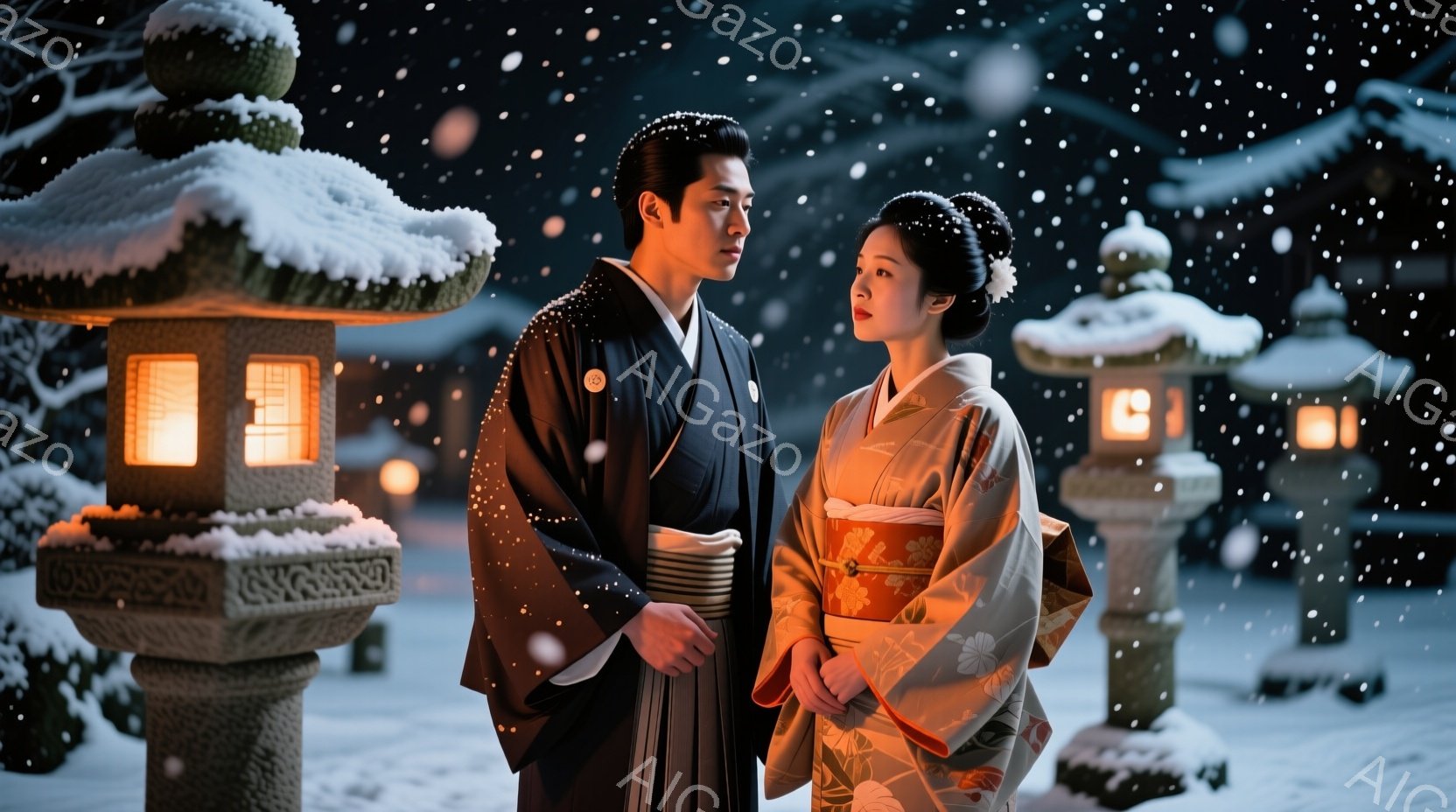 雪が舞う中、着物姿の男女が寄り添って立っている。男性は黒い紋付羽織袴を着用し、女性はクリーム色の地に花柄が描かれた着物に、赤い帯を締めている。背景には雪化粧された石灯籠が並び、幻想的な雰囲気を醸し出し - AI生成フリー素材