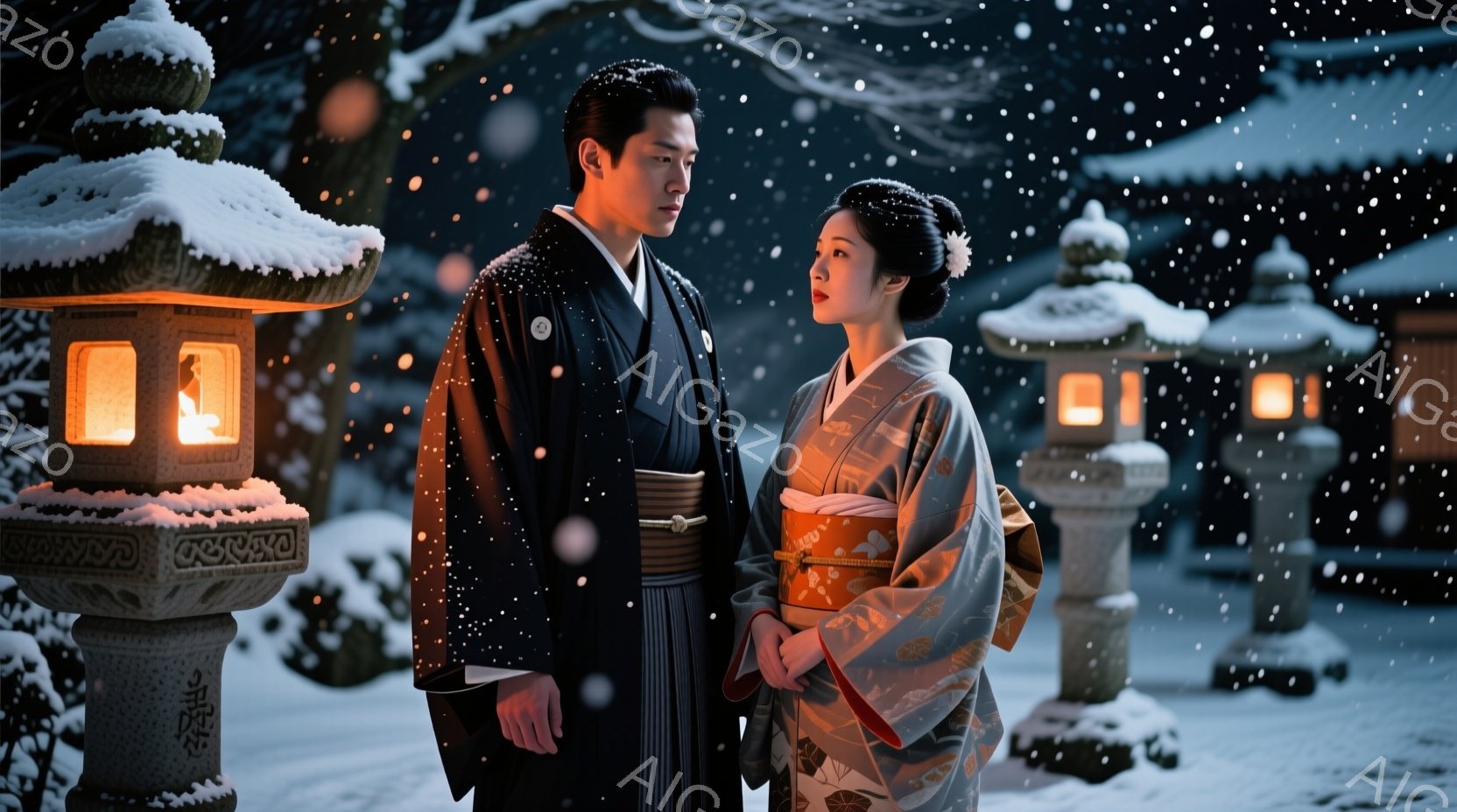 雪が降る中、和装に身を包んだ男女が並んでいる。男性は黒の着物と羽織、女性はオレンジと金色の美しい着物を身につけ、髪を髷にしている。周囲には雪で覆われた石灯籠が並び、幻想的で静寂な雰囲気を醸し出している。