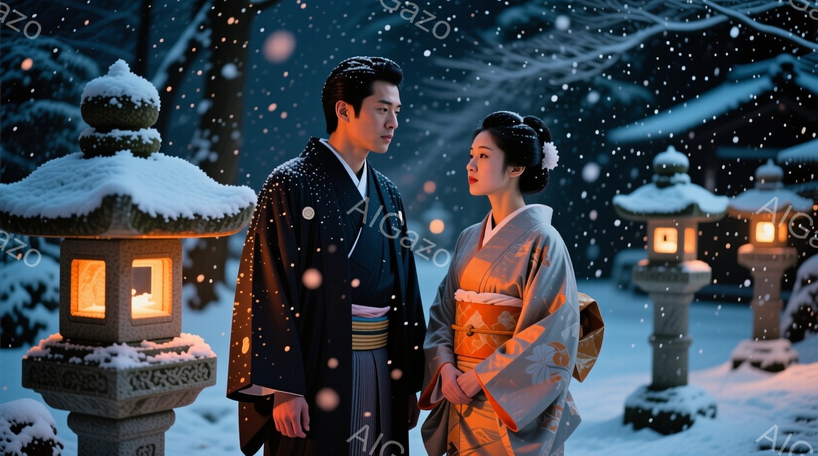 雪が降り積もる中、和装に身を包んだ男女が並んで立っている。男性は黒い着物と羽織を着用し、女性はクリーム色の地に花模様が入った着物と赤い帯を締めている。周囲には雪に覆われた石灯籠が並び、幻想的で静寂な雰囲気を醸し出している。